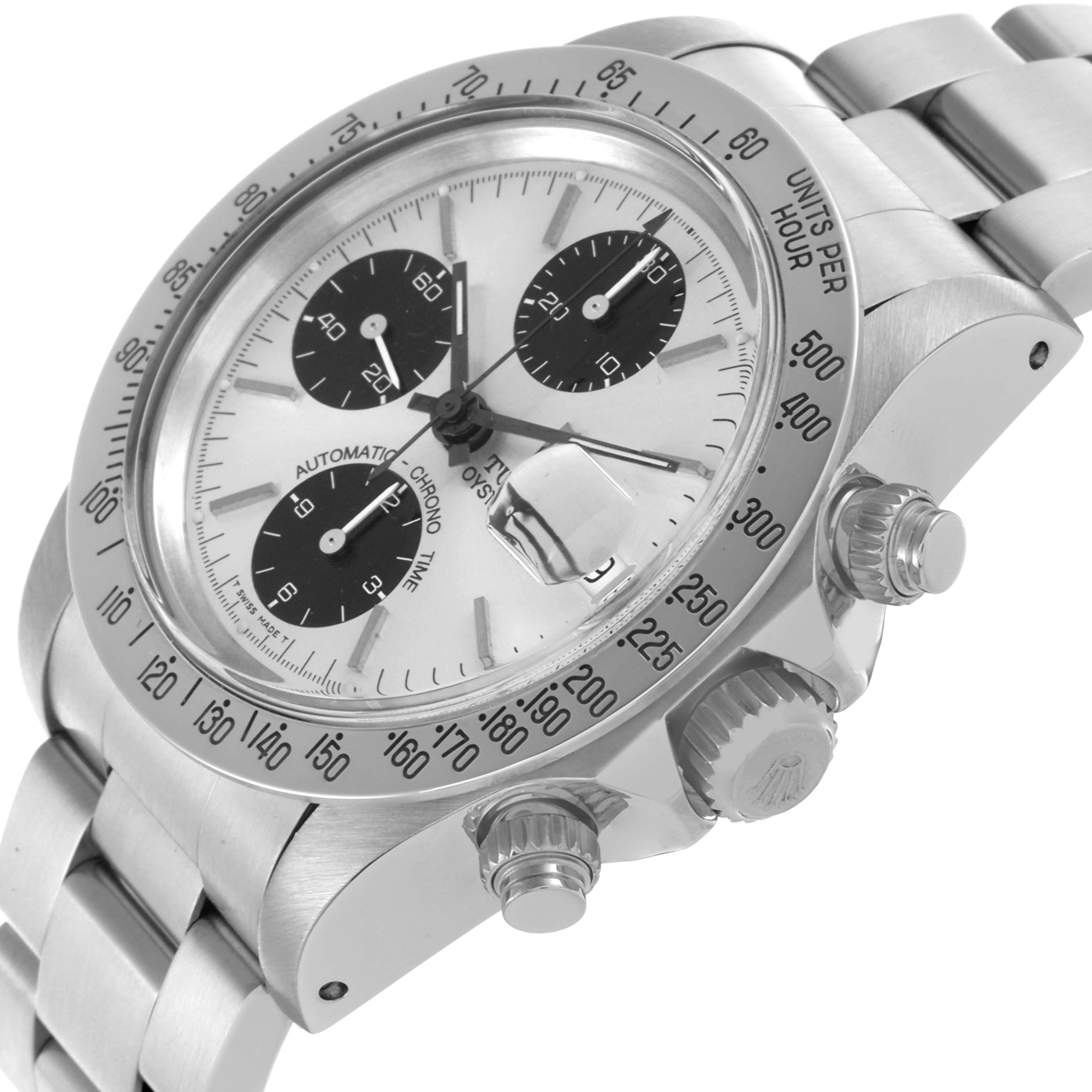 The Tudor Prince 79180 Men's Stainless Steel Silver Dial watch is shown at a tilted angle, displaying the dial, bezel, crown, pushers, and bracelet.