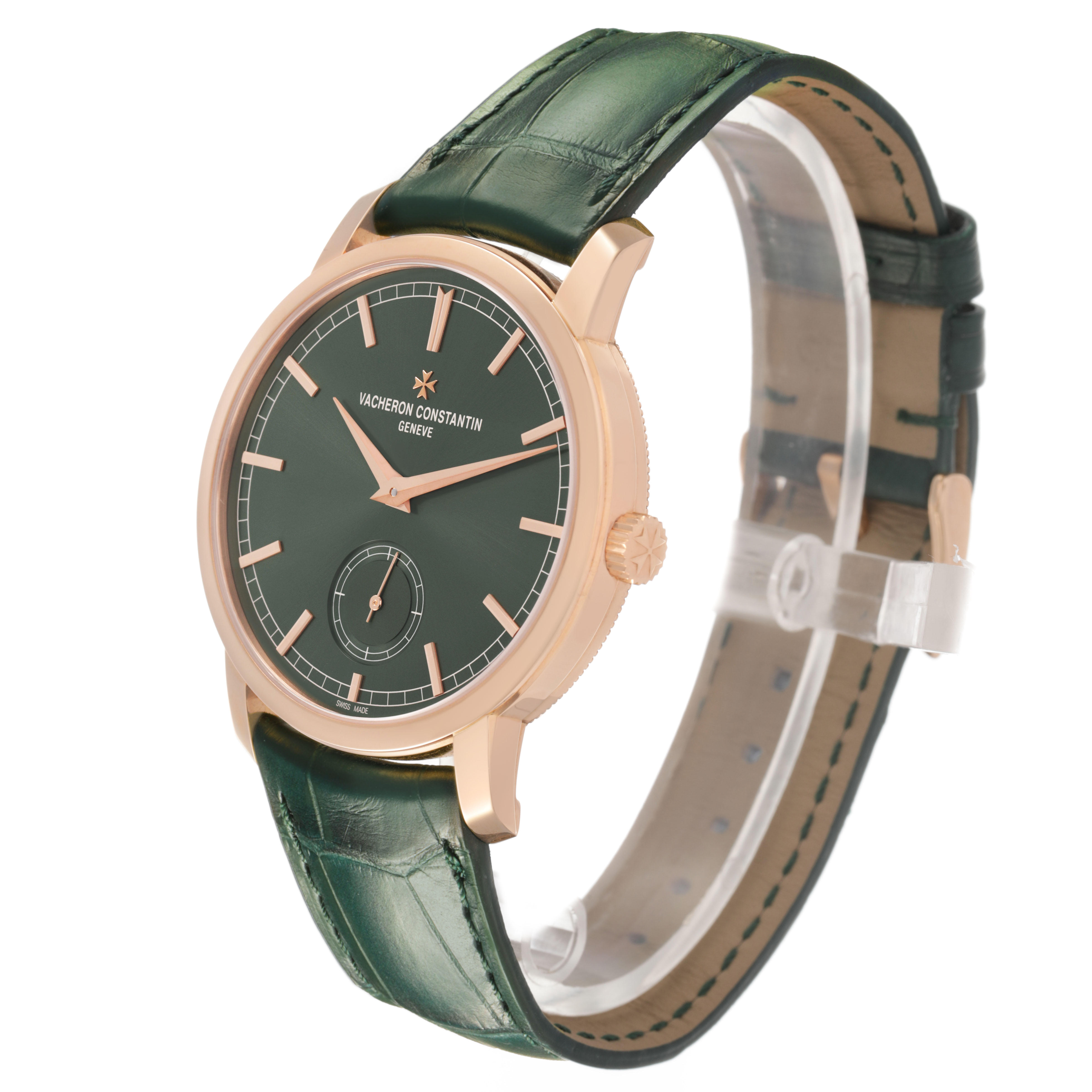 The Vacheron Constantin Traditionnelle 82172/000R-H008 Men's Rose Gold Green Dial watch is shown at a three-quarter angle, displaying the dial, case, and leather strap.