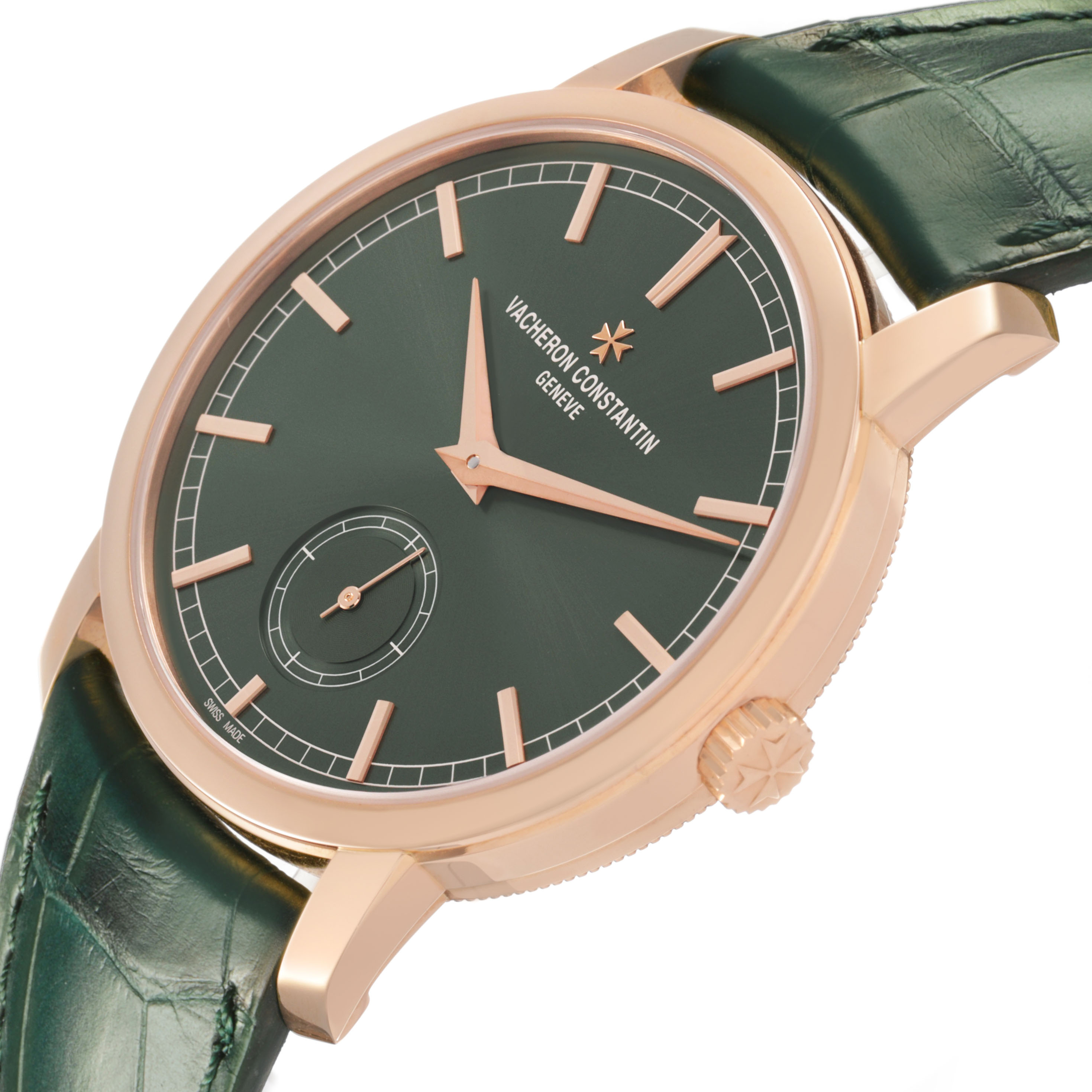 The image shows a Vacheron Constantin Traditionnelle 82172/000R-H008 Men's Rose Gold Green Dial watch from a slight side angle, highlighting its green dial, rose gold case, and green strap.