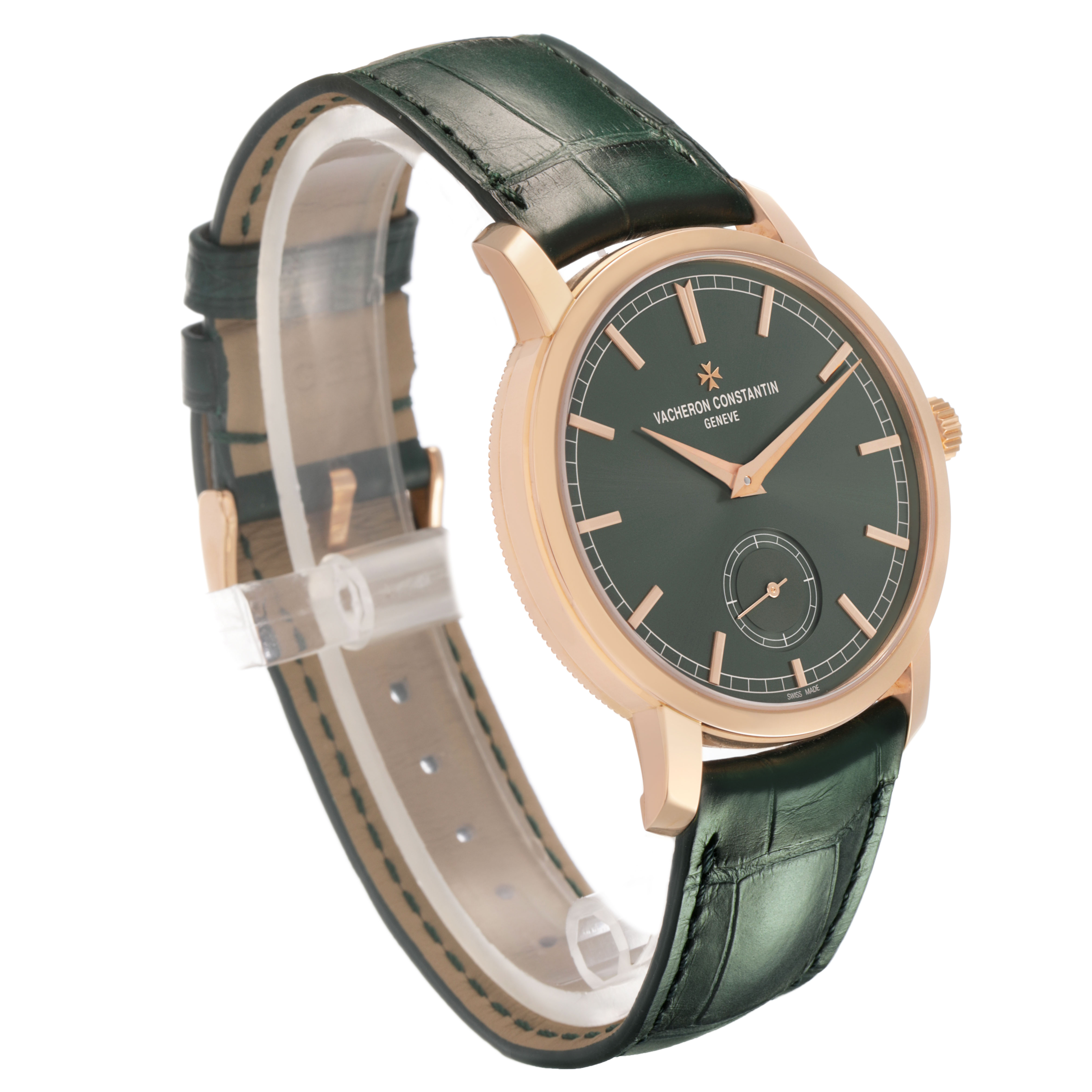 The Vacheron Constantin Traditionnelle 82172/000R-H008 Men's Rose Gold Green Dial watch is shown at a three-quarter angle, highlighting the dial, case, crown, and strap.