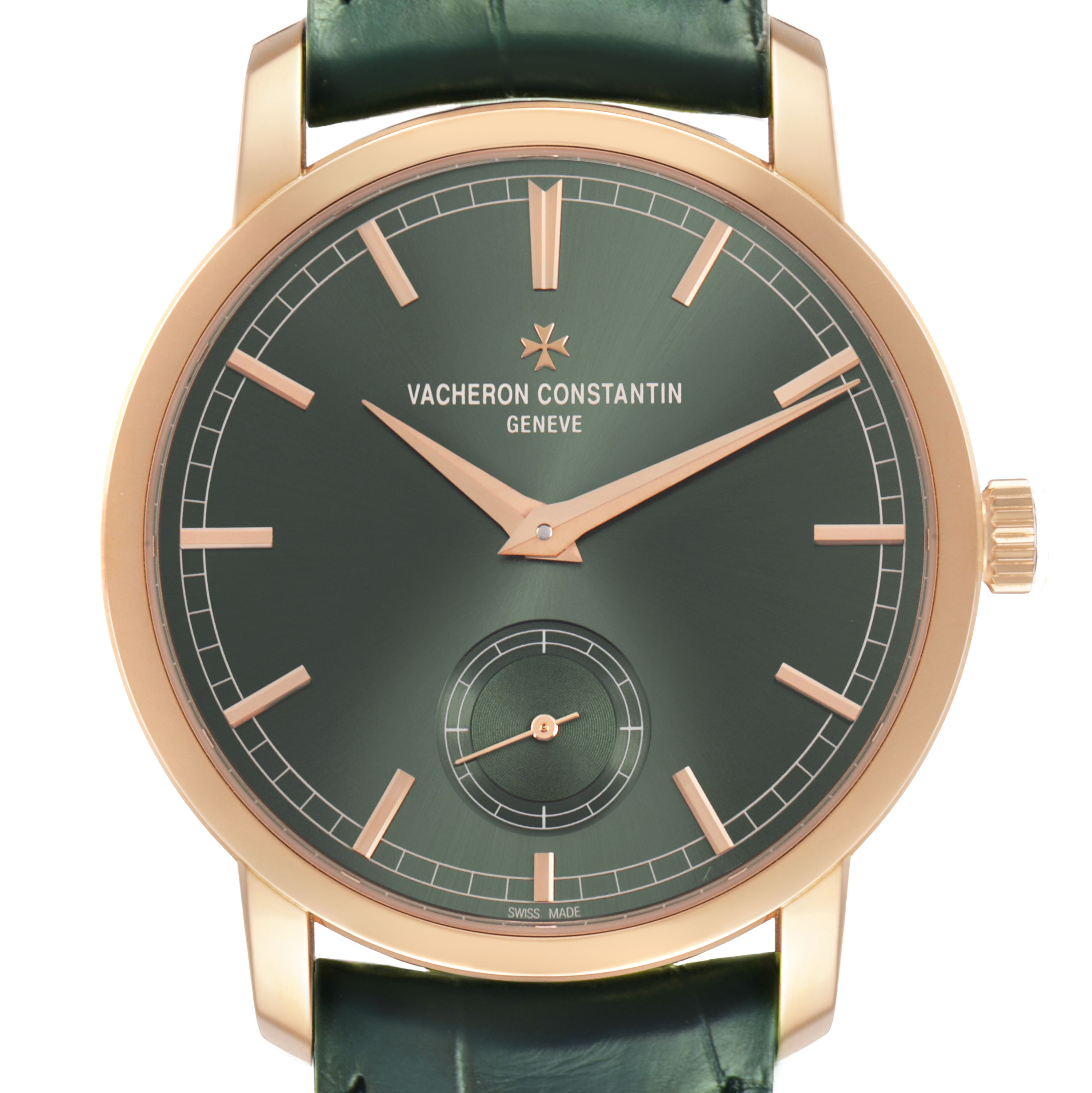 The Vacheron Constantin Traditionnelle 82172/000R-H008 Men's Rose Gold Green Dial watch is shown from the front, displaying its dial, hands, markers, and crown.
