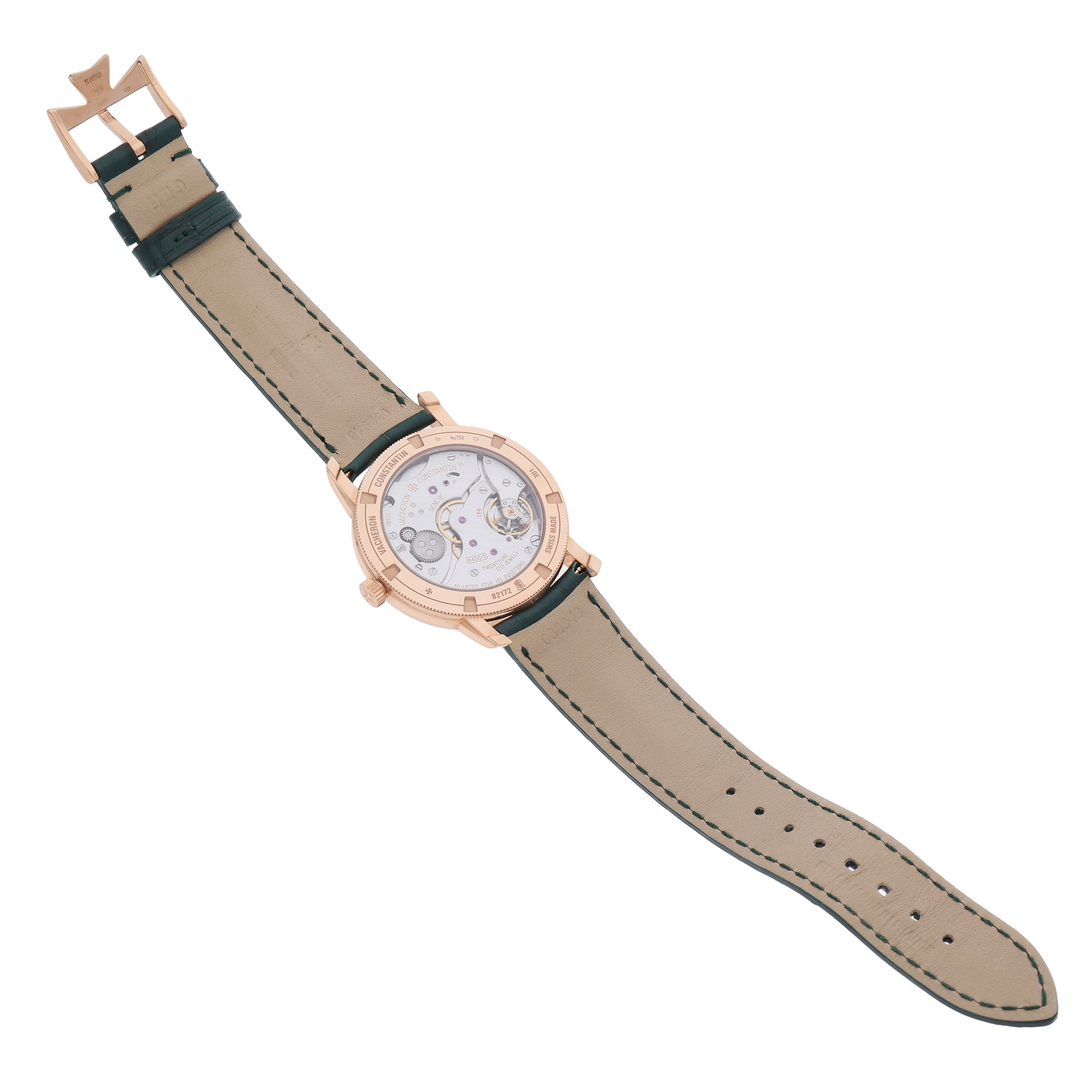 The Vacheron Constantin Traditionnelle 82172/000R-H008 Men's Rose Gold Green Dial watch is shown from the back, displaying its caseback and movement, with the strap extended.