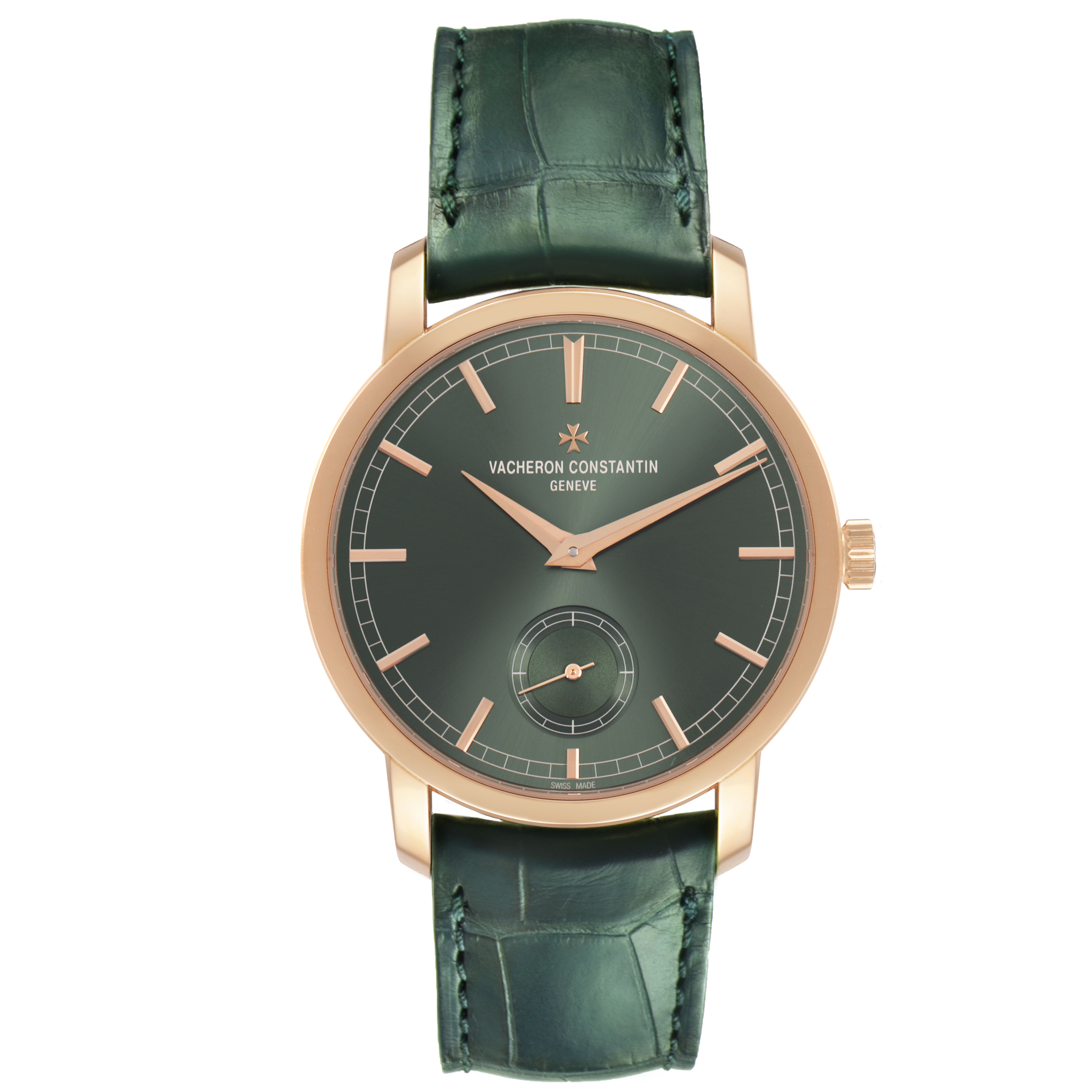 The Vacheron Constantin Traditionnelle 82172/000R-H008 Men's Rose Gold Green Dial watch is shown from a front angle, highlighting its green dial, rose gold case, and green leather strap.