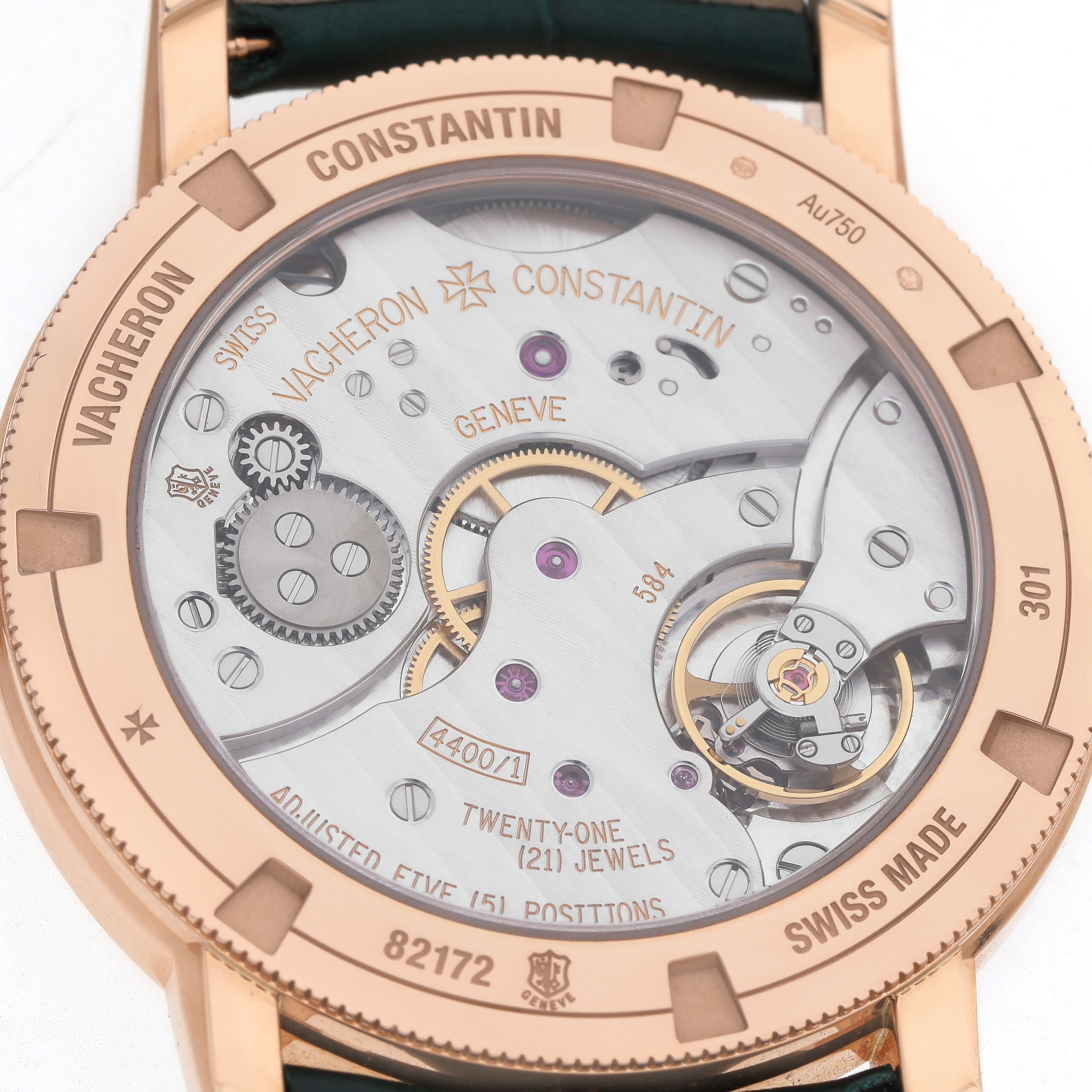 The image shows the back view of the Vacheron Constantin Traditionnelle 82172/000R-H008 Men's Rose Gold Green Dial, highlighting the intricate movement and internal components.