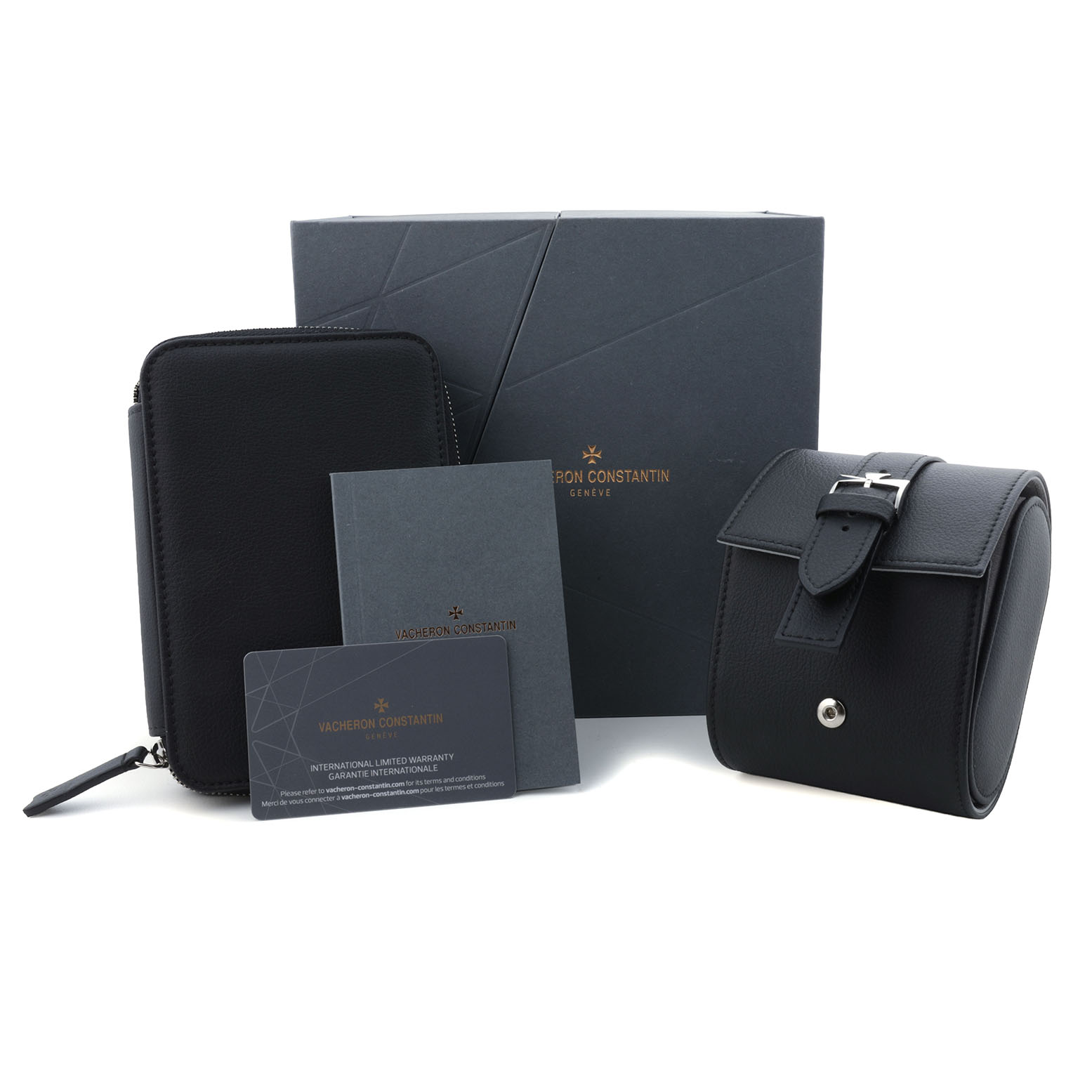 The image shows Vacheron Constantin Traditionnelle 82172/000R-H008 Men's Rose Gold Green Dial watch packaging, including a box, travel case, and warranty documents.