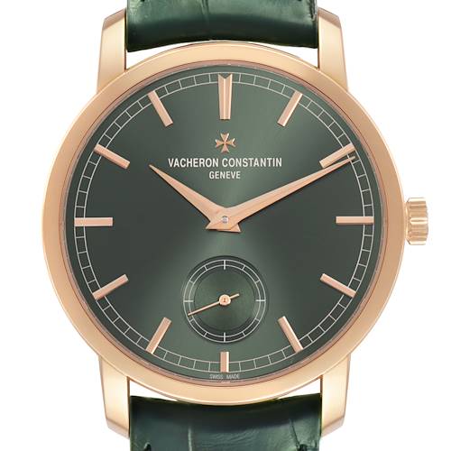 The Vacheron Constantin Traditionnelle 82172/000R-H008 Men's Rose Gold Green Dial watch is shown from a front angle, displaying the entire dial and hands.