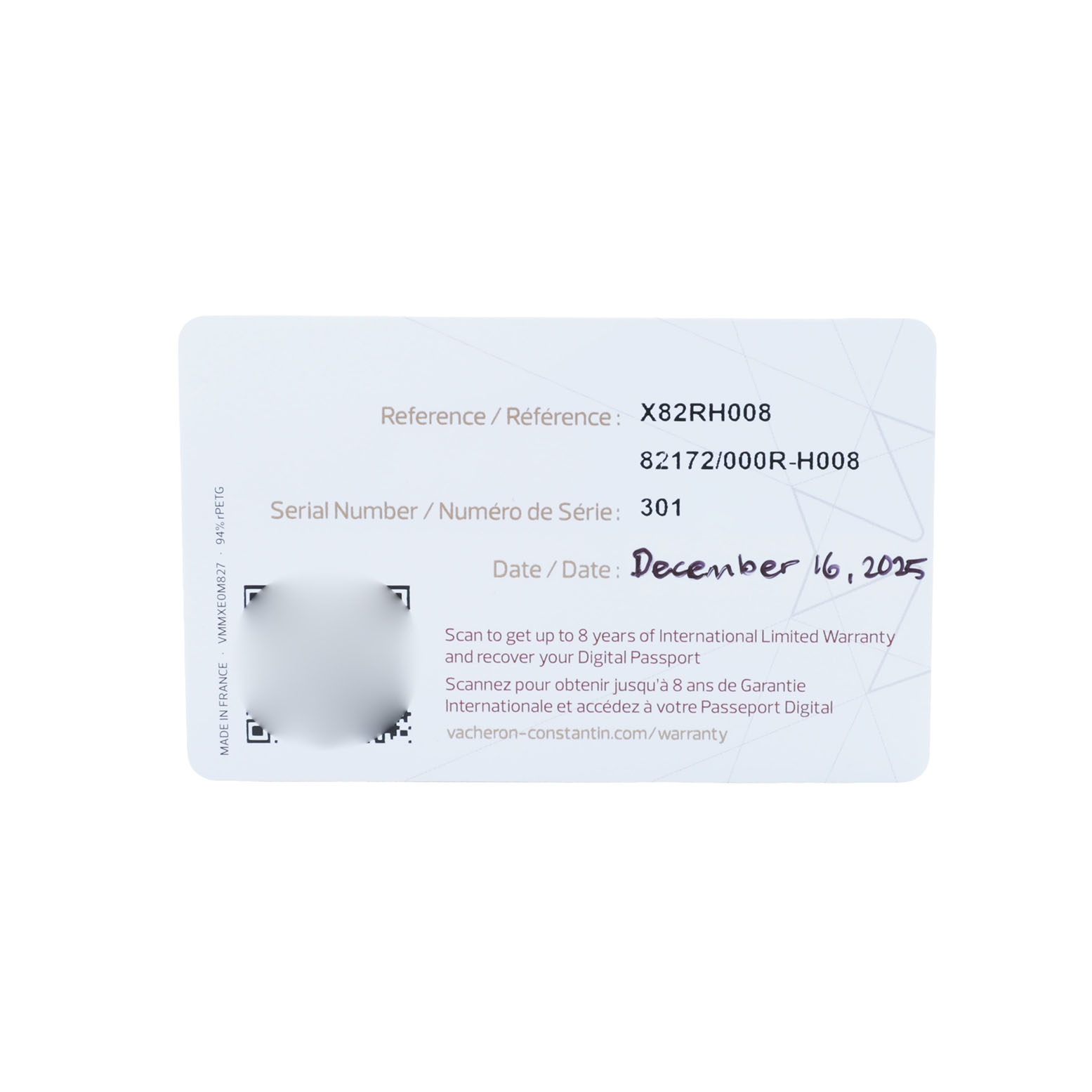 This image shows a warranty card for the Vacheron Constantin Traditionnelle 82172/000R-H008 Men's Rose Gold Green Dial model, detailing reference, serial number, and warranty info.