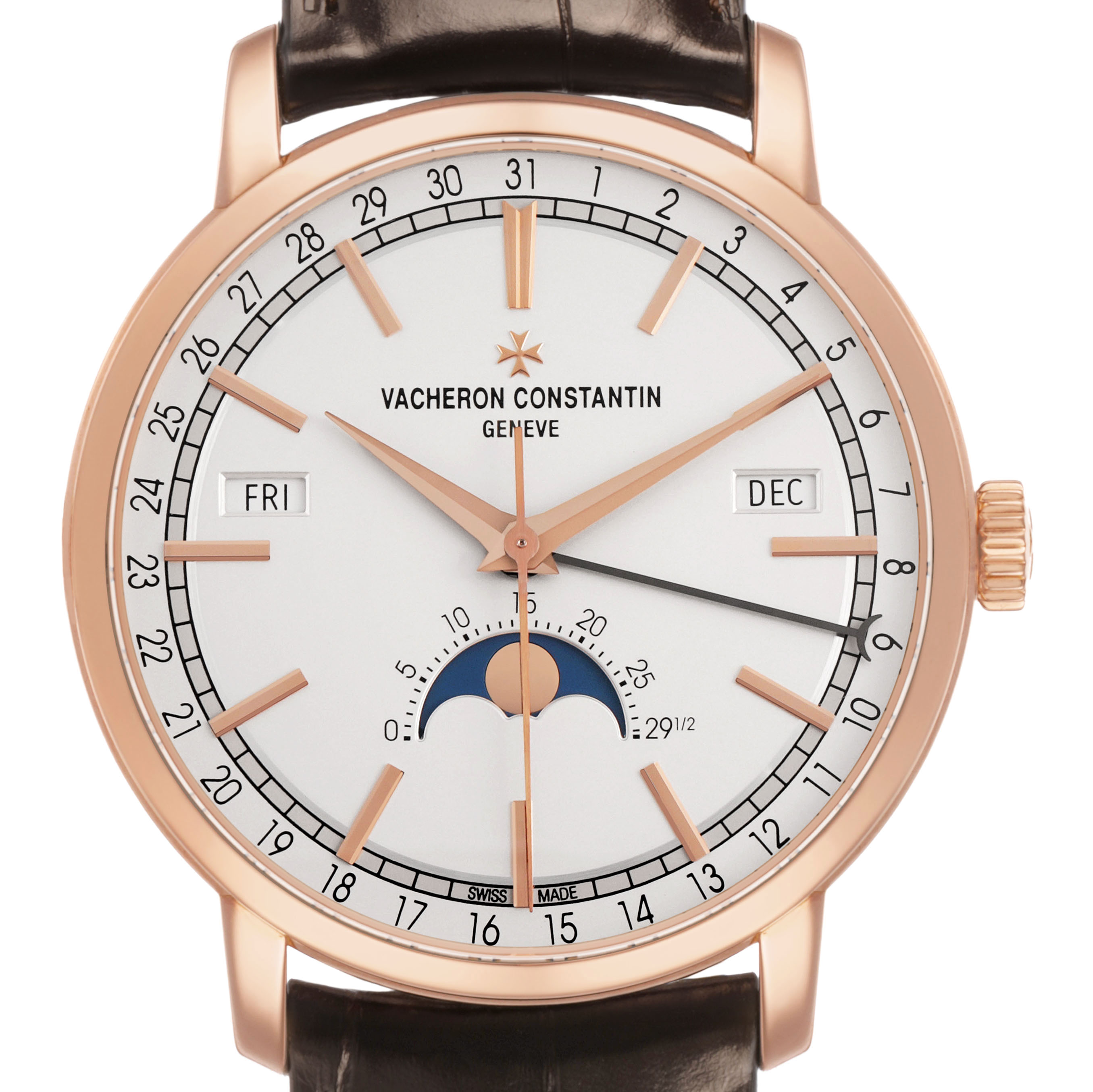 The Vacheron Constantin Traditionnelle 4010T Men's Rose Gold Silver Dial watch is shown from the front, displaying the dial with date, day, month, and moon phase.