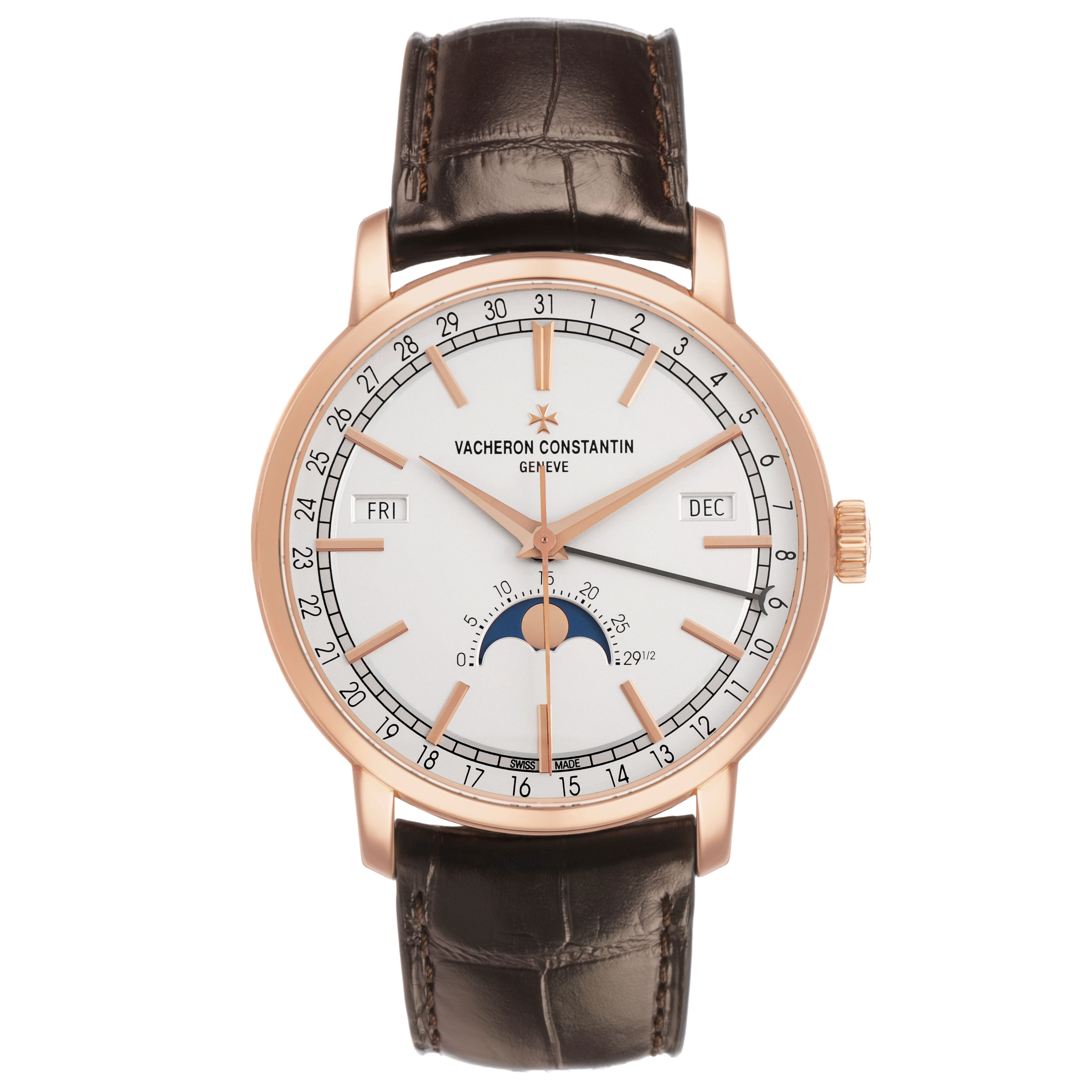 The Vacheron Constantin Traditionnelle 4010T Men's Rose Gold Silver Dial watch is shown from the front, displaying the dial, hands, moon phase, and leather straps.