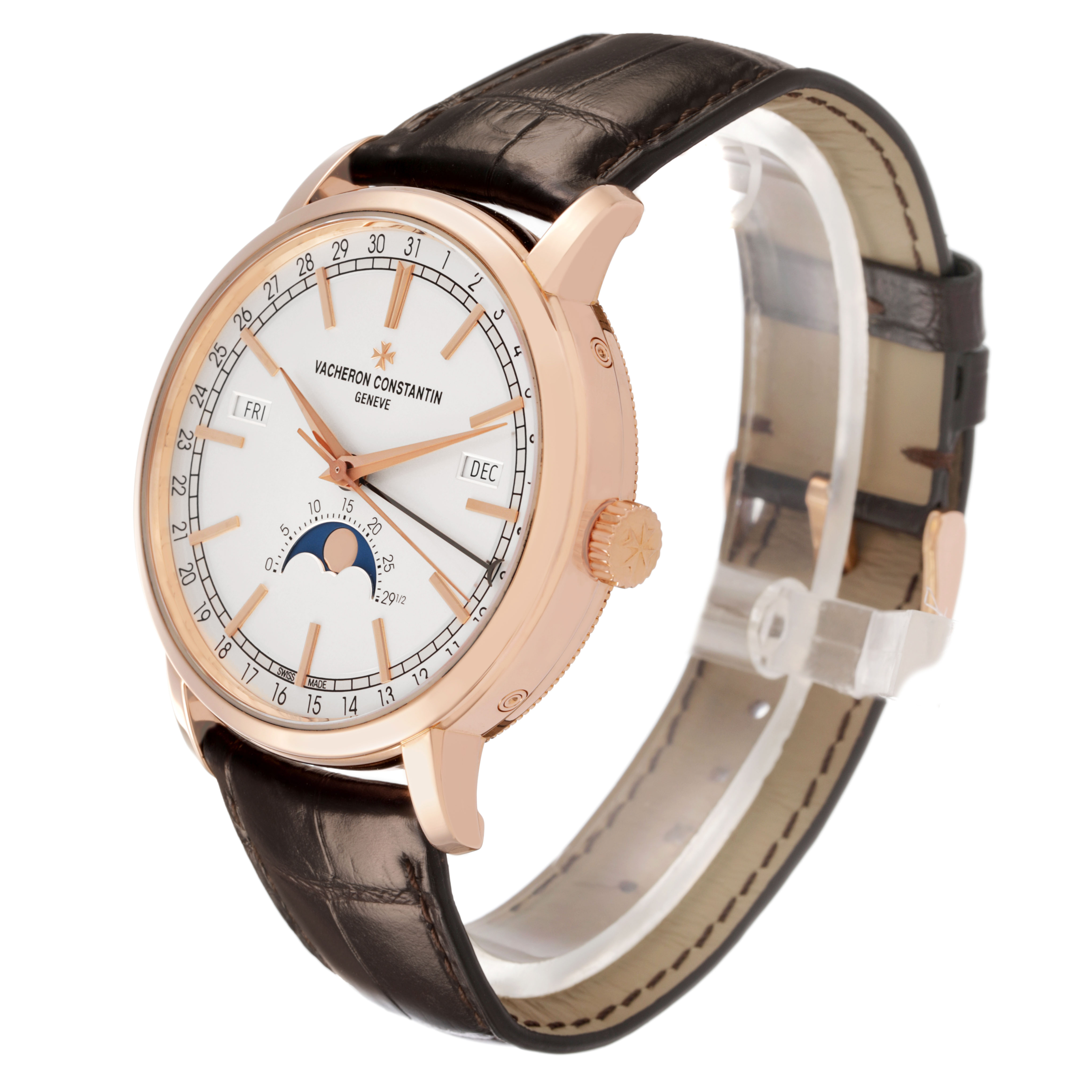 The Vacheron Constantin Traditionnelle 4010T Men's Rose Gold Silver Dial watch is shown at a three-quarter angle, featuring the dial, hands, crown, and leather strap.