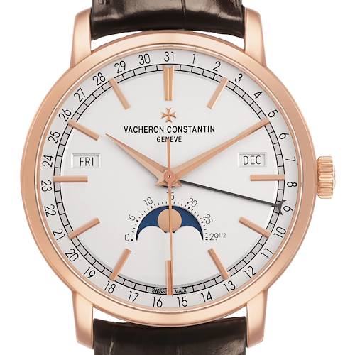 The Vacheron Constantin Traditionnelle 4010T Men's Rose Gold Silver Dial watch is shown from the front, displaying the face, day, date, month, and moon phase.