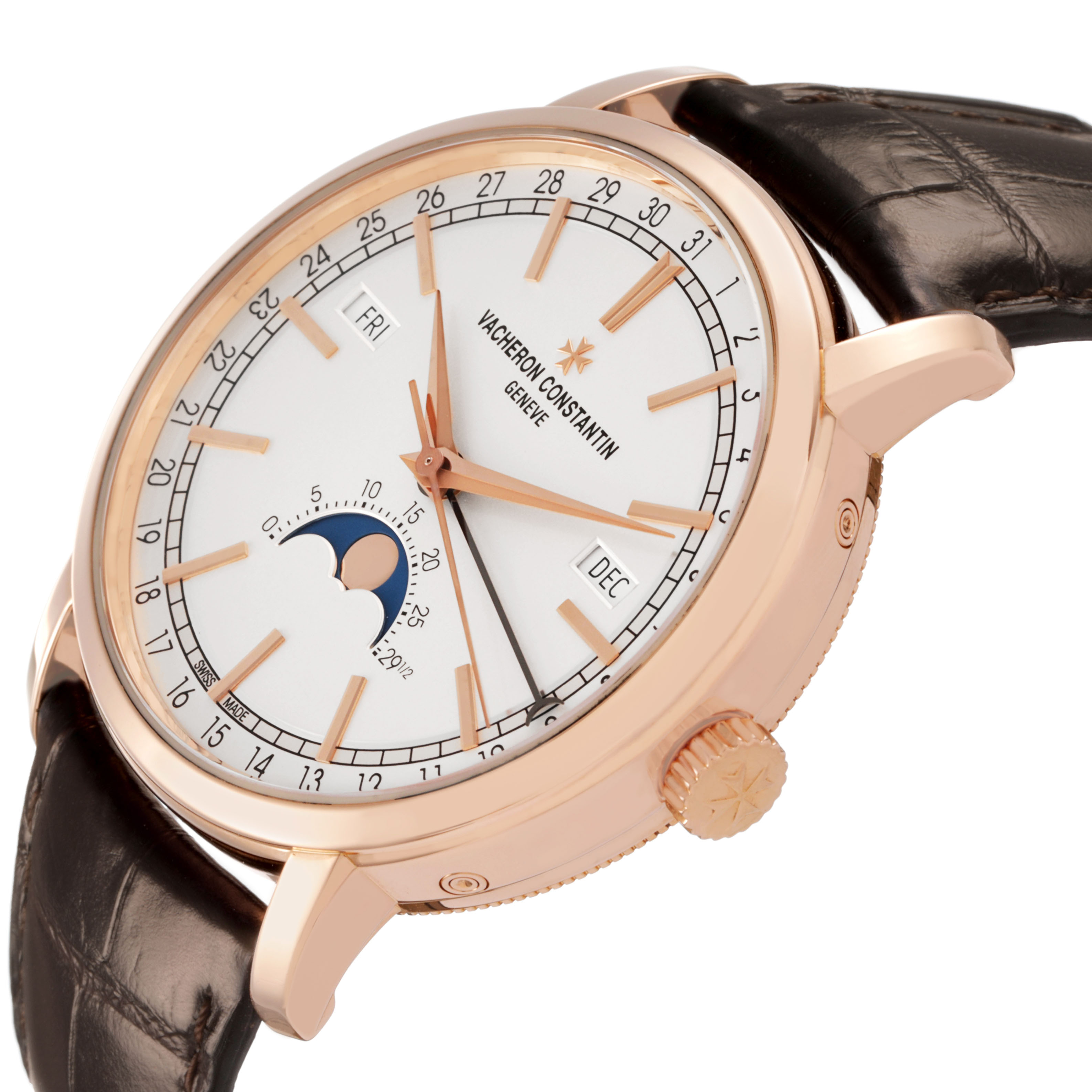 The Vacheron Constantin Traditionnelle 4010T Men's Rose Gold Silver Dial watch is shown from a side angle highlighting the case, dial, crown, and part of the leather strap.