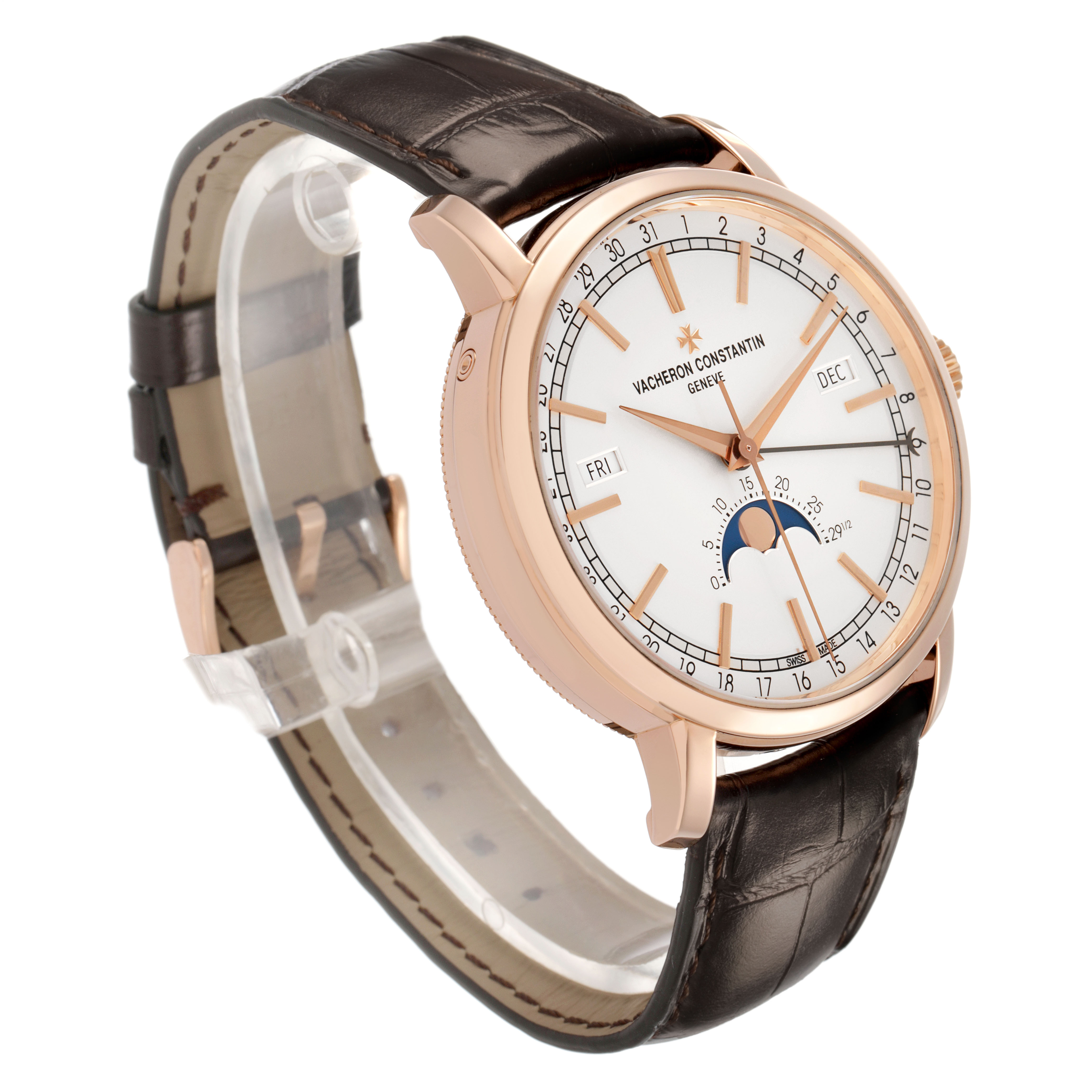 The Vacheron Constantin Traditionnelle 4010T Men's Rose Gold Silver Dial watch is shown at a three-quarter angle, highlighting the face, case, and leather strap.