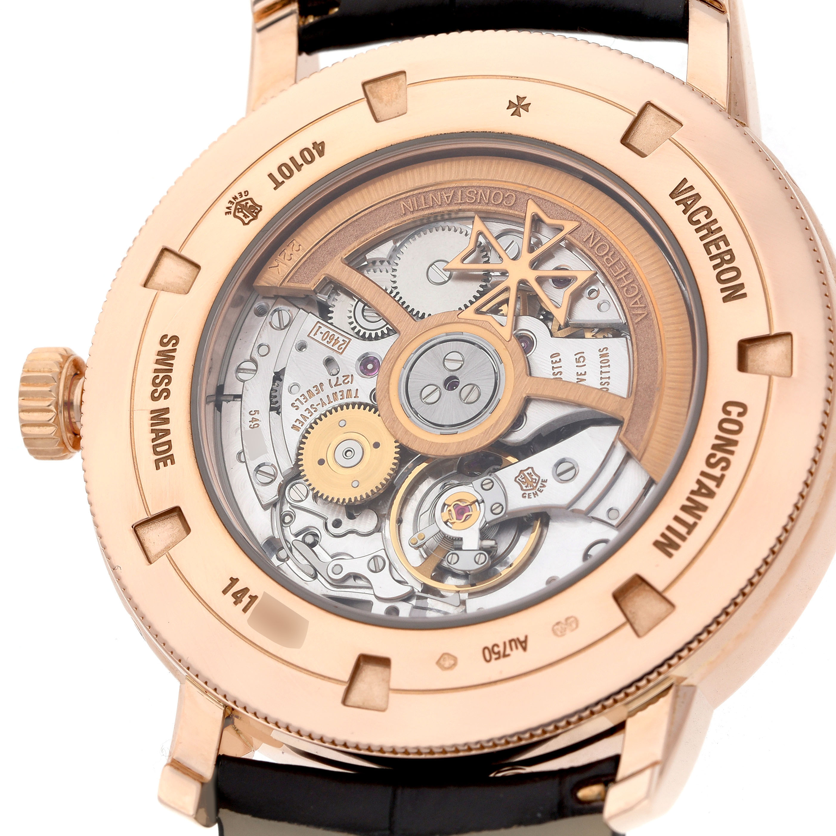 The image shows the back view of the Vacheron Constantin Traditionnelle 4010T Men's Rose Gold Silver Dial watch, highlighting its intricate movement details.