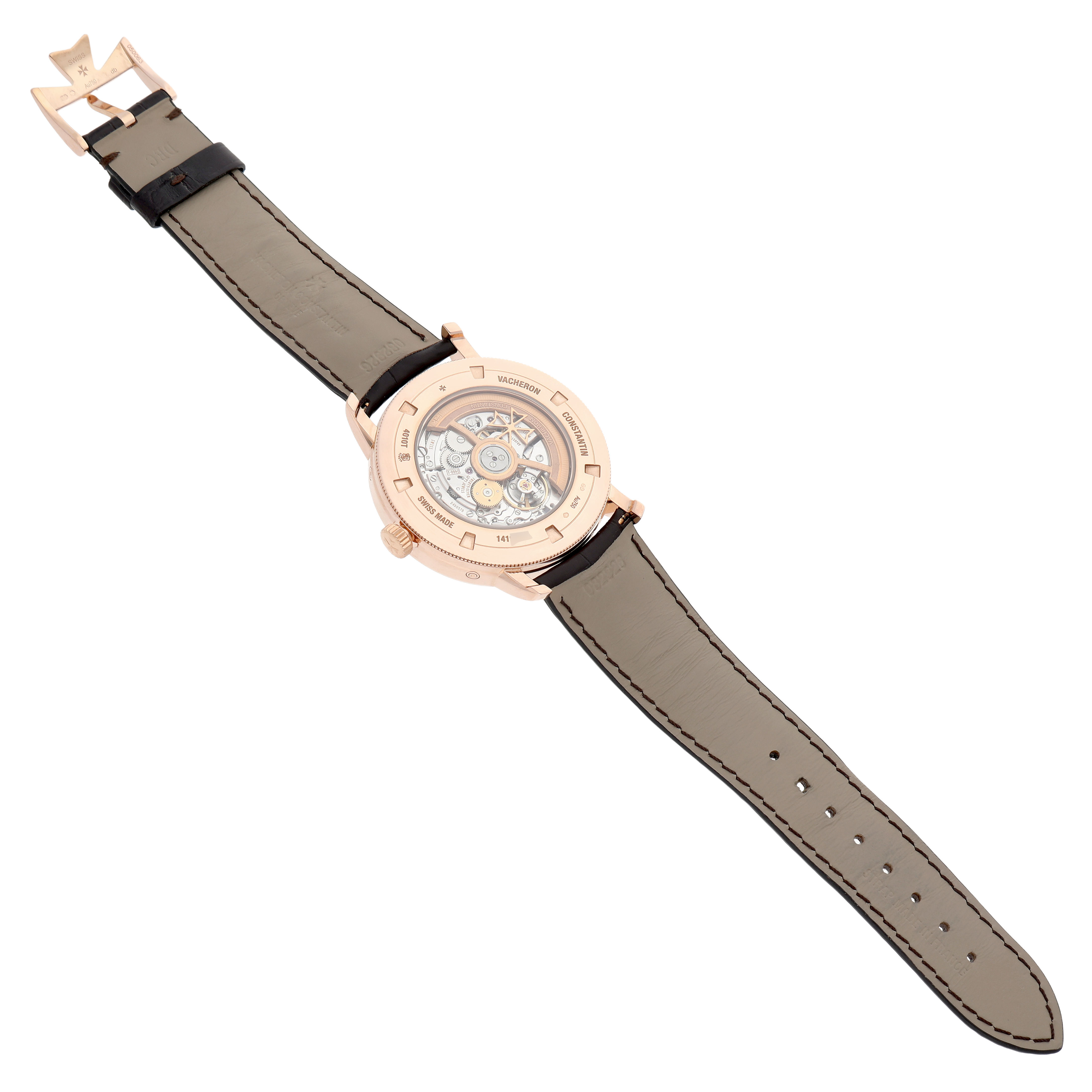 The Vacheron Constantin Traditionnelle 4010T Men's Rose Gold Silver Dial watch is shown from the back, highlighting the movement and strap in a top-down view.