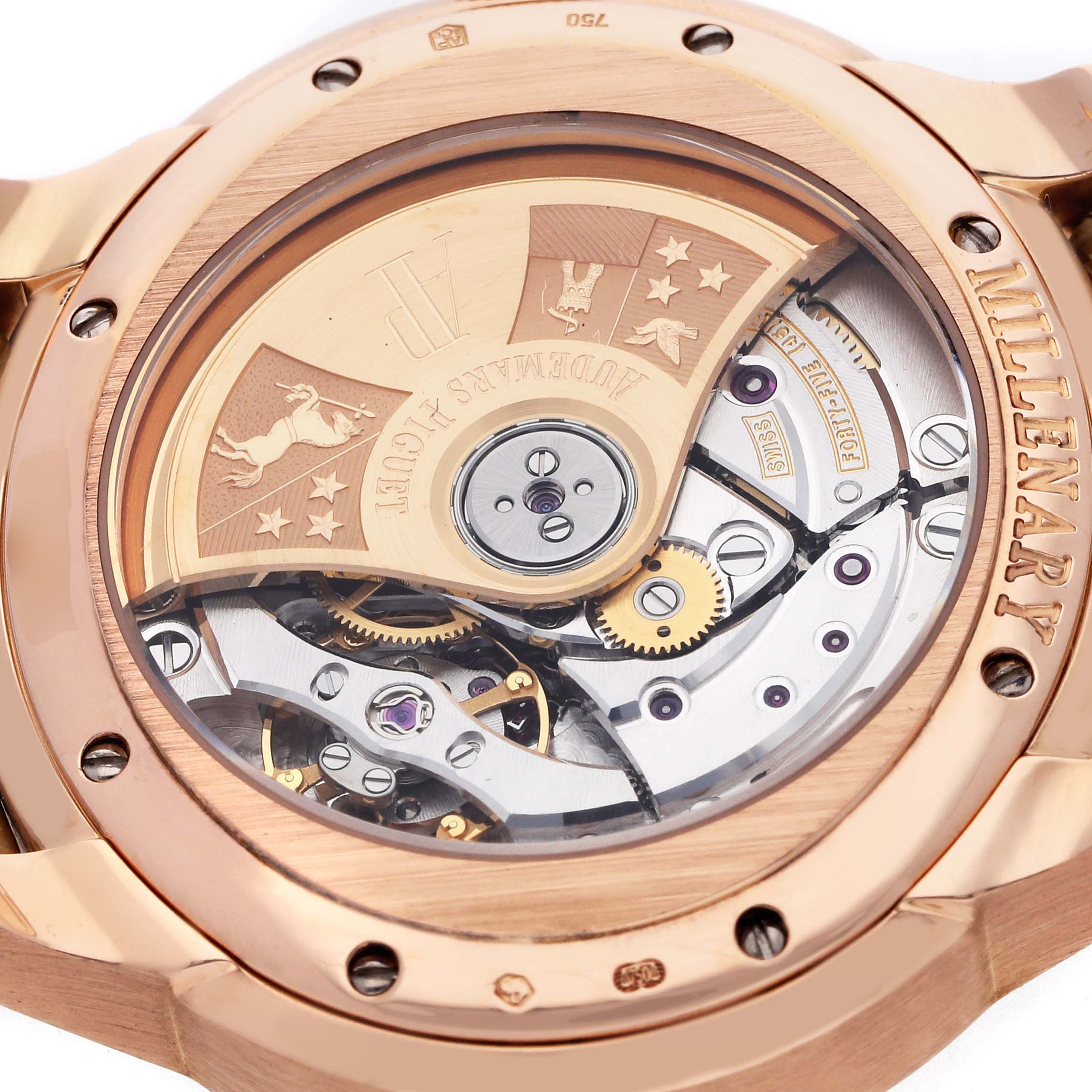 The image shows the back of an Audemars Piguet Millenary 77315OR Women's Rose Gold Mother of Pearl Dial, highlighting the intricate movement and rotor details.
