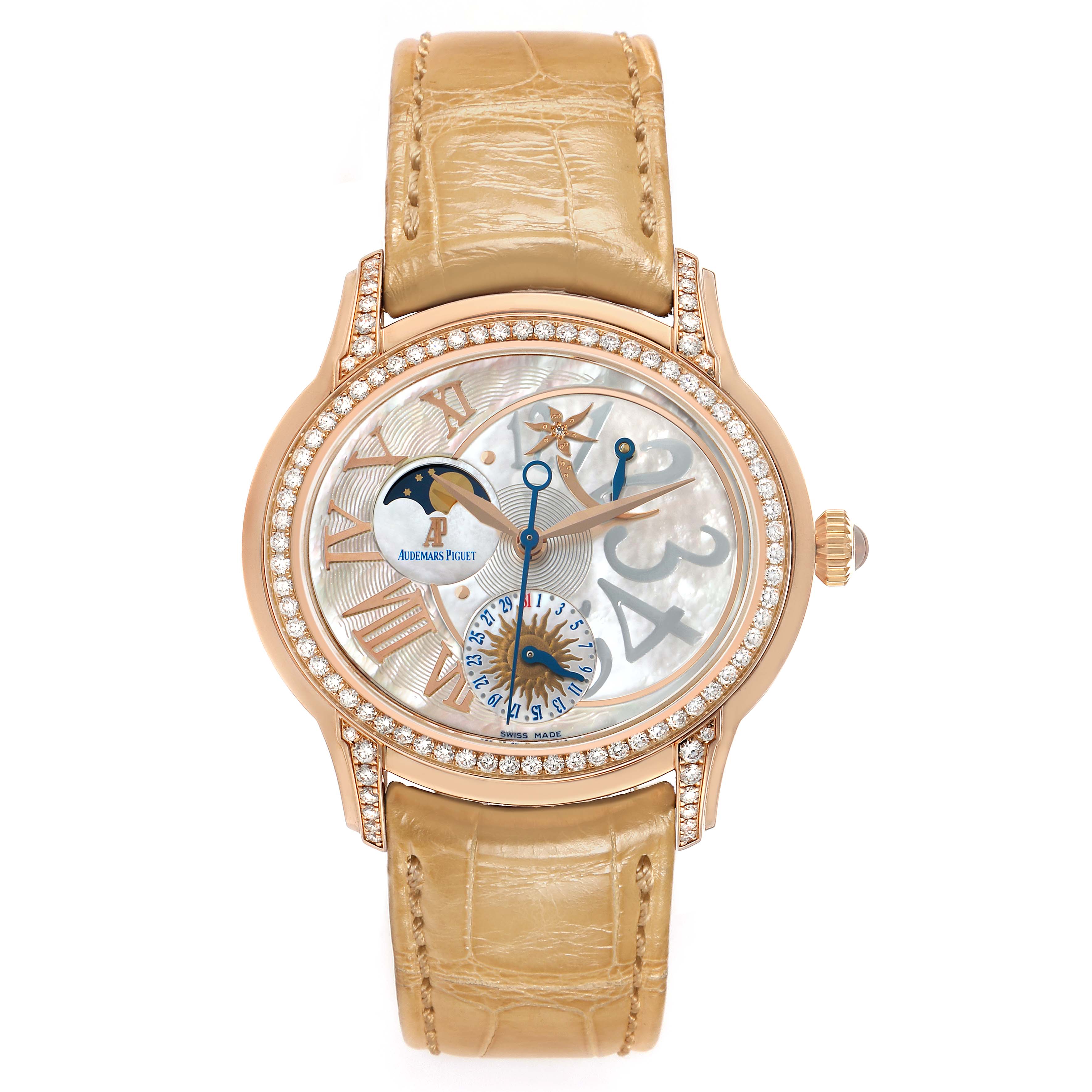 The image shows a front view of the Audemars Piguet Millenary 77315OR Women's Rose Gold Mother of Pearl Dial watch, highlighting its dial, case, and strap.