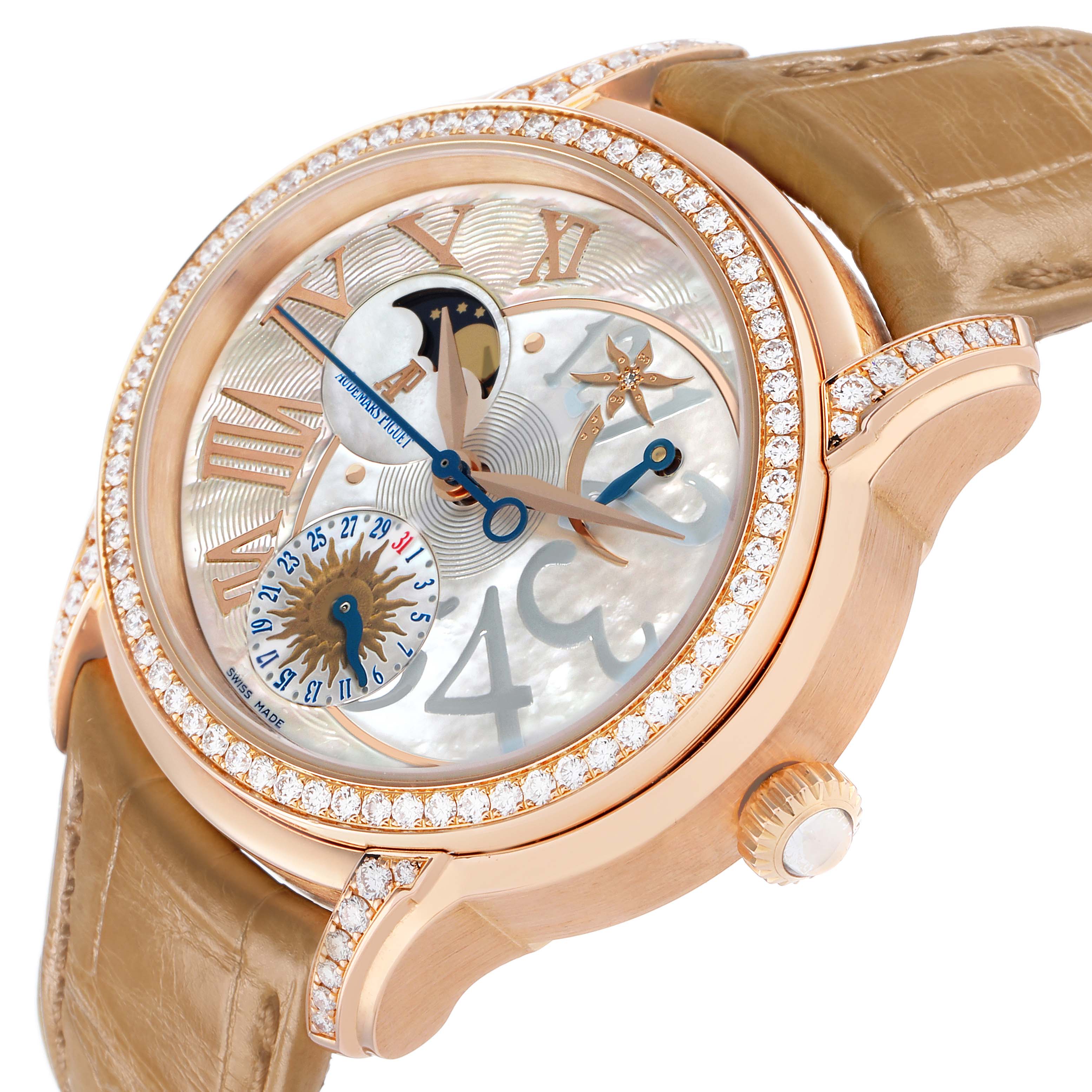 The Audemars Piguet Millenary 77315OR Women's Rose Gold Mother of Pearl Dial watch is shown from a front angle, highlighting its dial, bezel, and leather strap.