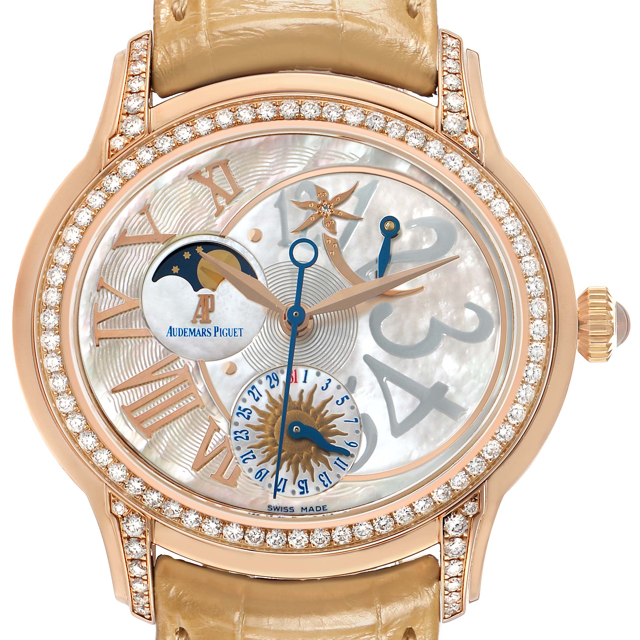The Audemars Piguet Millenary 77315OR Women's Rose Gold Mother of Pearl Dial watch is shown from a front angle, displaying its ornate dial, Roman numerals, and moon phase subdial.