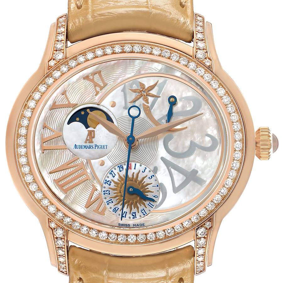 The Audemars Piguet Millenary 77315OR Women's Rose Gold Mother of Pearl Dial watch is shown from a front angle, displaying its ornate dial, Roman numerals, and moon phase subdial.