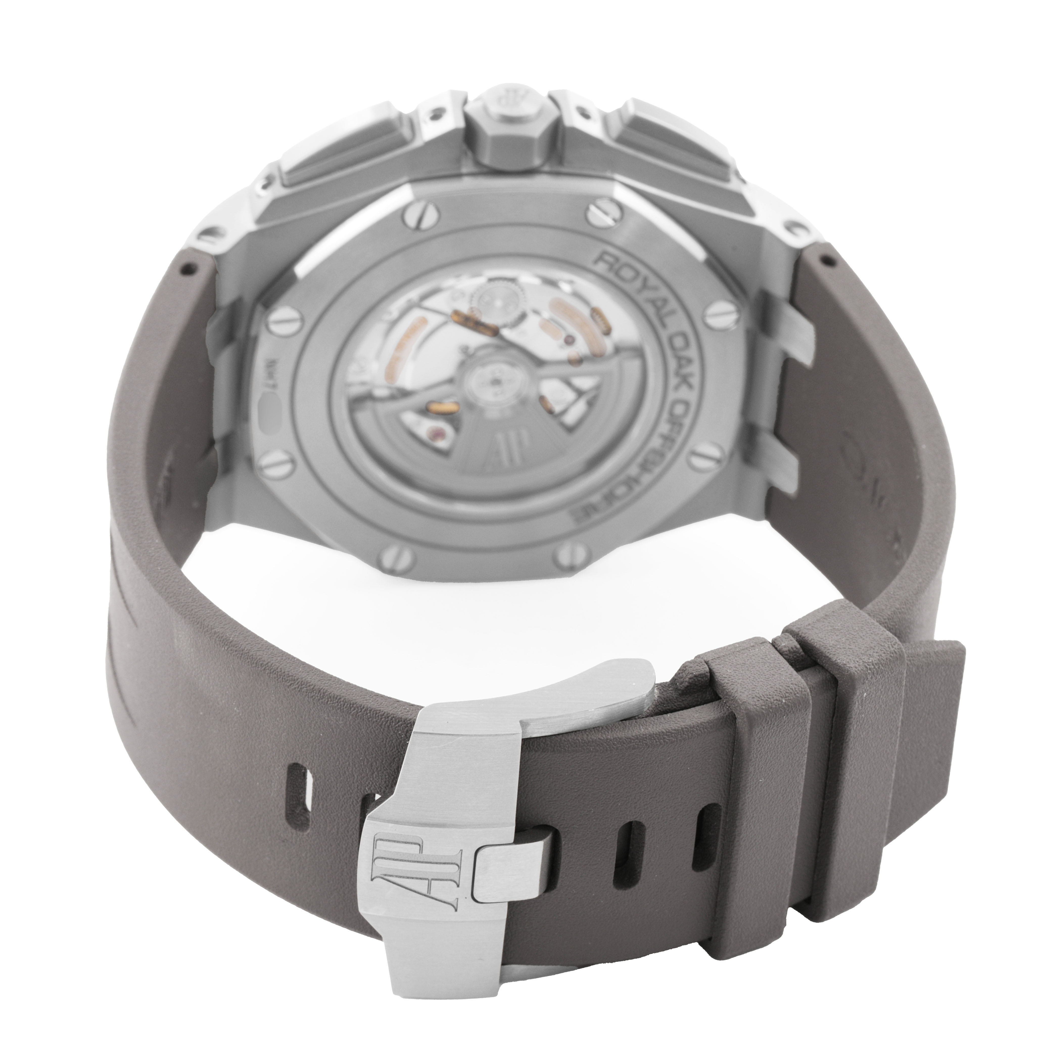 The angle shows the back of an Audemars Piguet Royal Oak Offshore 26400IO.OO.A004CA.02.A Men's Titanium Grey Dial watch, highlighting the case back and buckle.