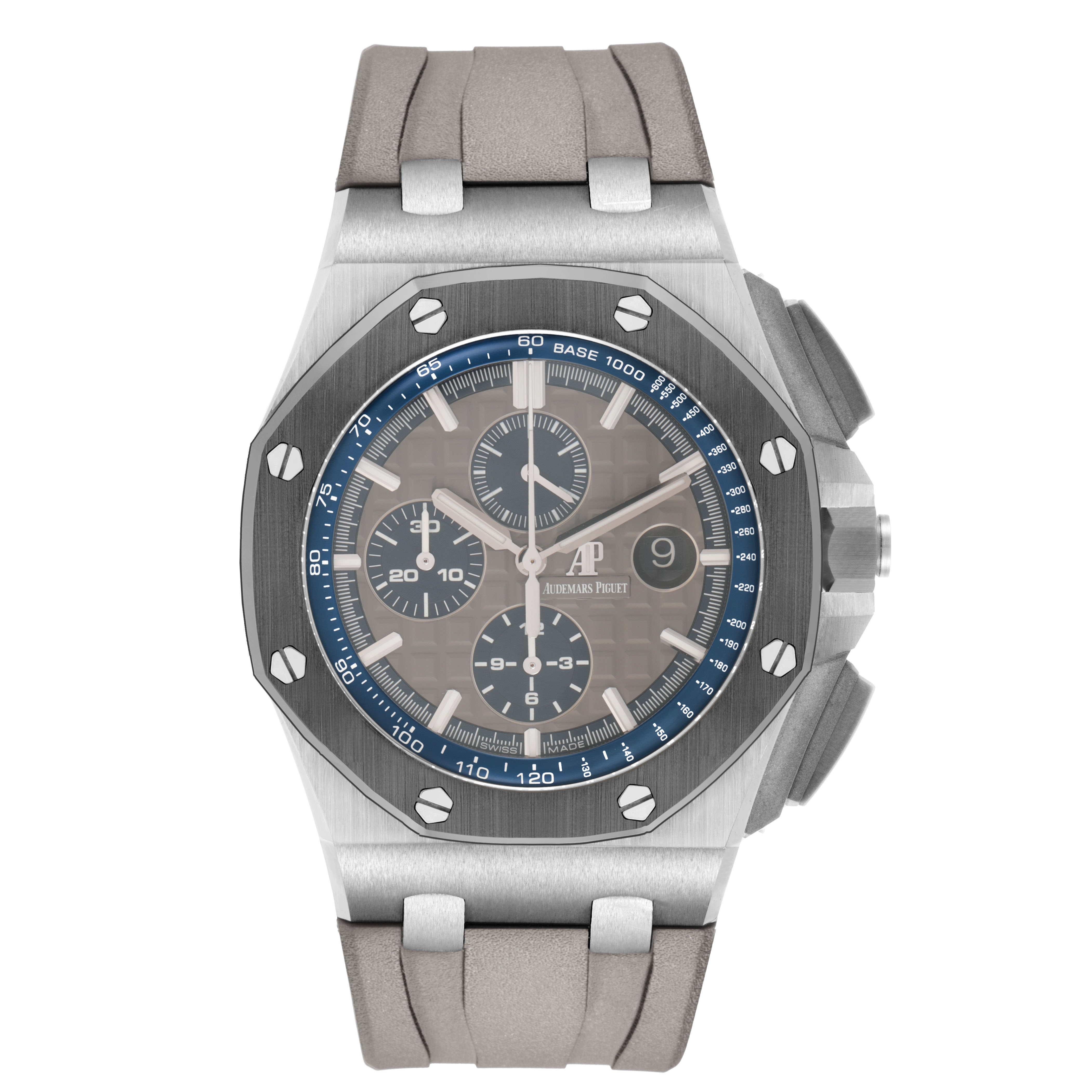 The Royal Oak Offshore by Audemars Piguet is shown from the front, featuring the dial, bezel, pushers, and strap.