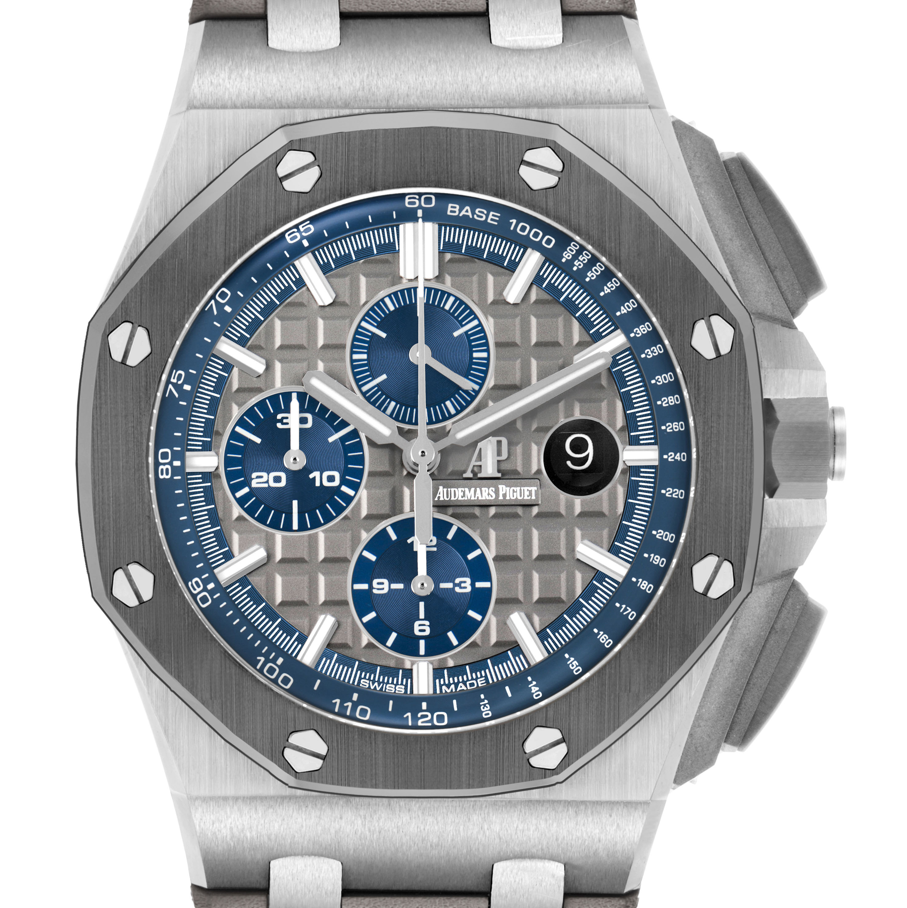 The image shows a front view of the Audemars Piguet Royal Oak Offshore 26400IO.OO.A004CA.02.A Men's Titanium Grey Dial watch, highlighting the dial, bezel, and chronograph subdials.
