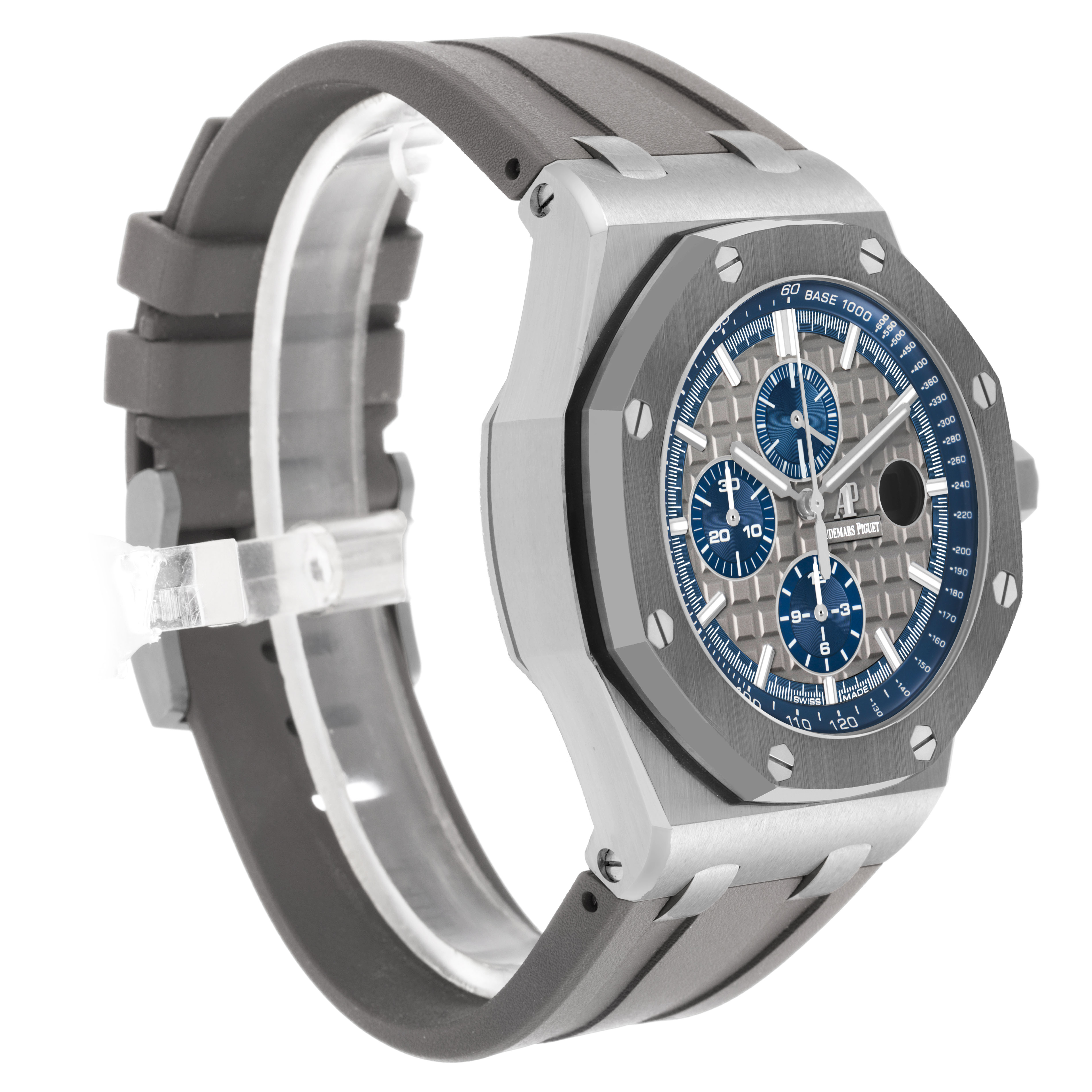 The Audemars Piguet Royal Oak Offshore 26400IO.OO.A004CA.02.A Men's Titanium Grey Dial is shown from a side angle, displaying the case, dial, bezel, and strap.