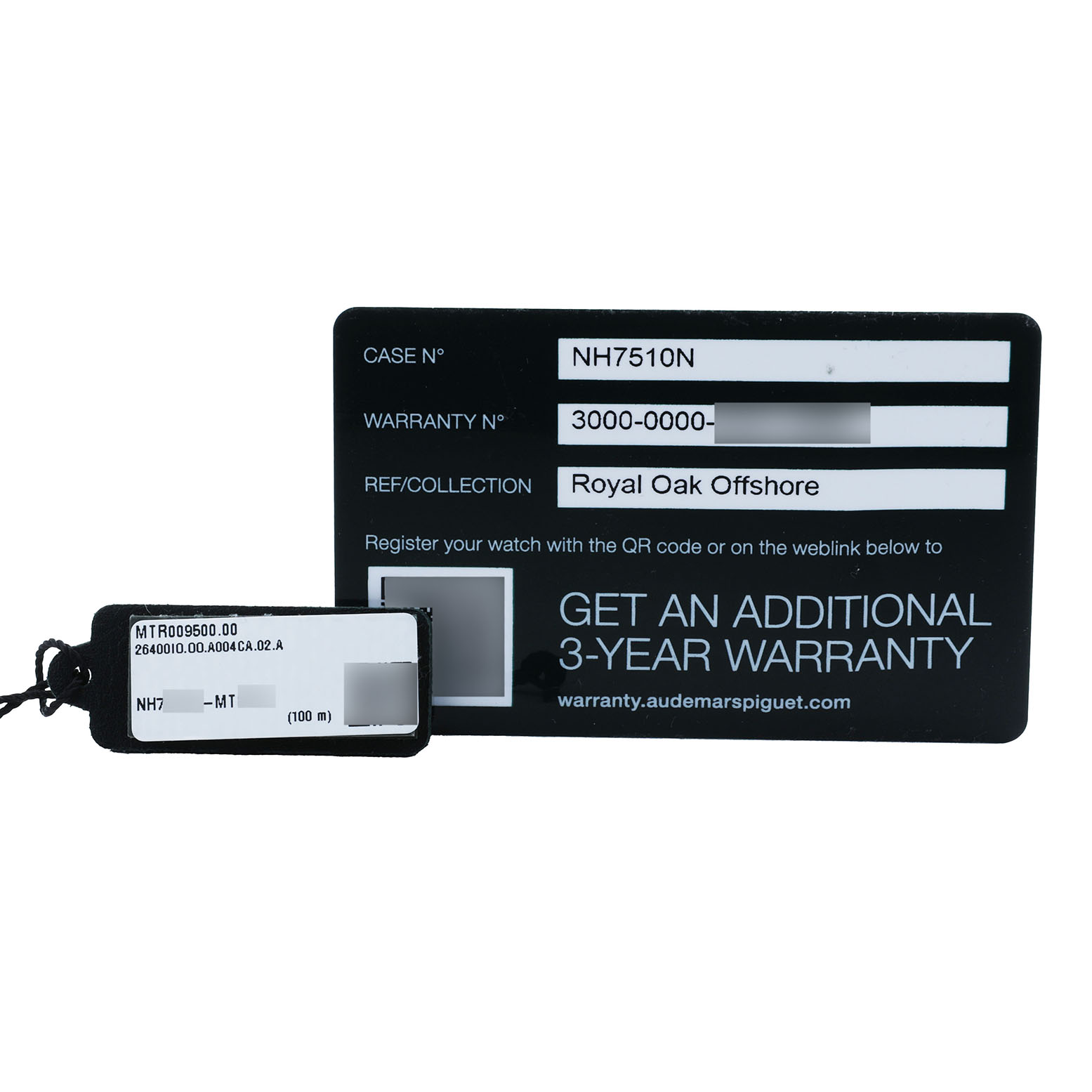 The image shows warranty cards and tags for the Audemars Piguet Royal Oak Offshore 26400IO.OO.A004CA.02.A Men's Titanium Grey Dial model flat against a white background.