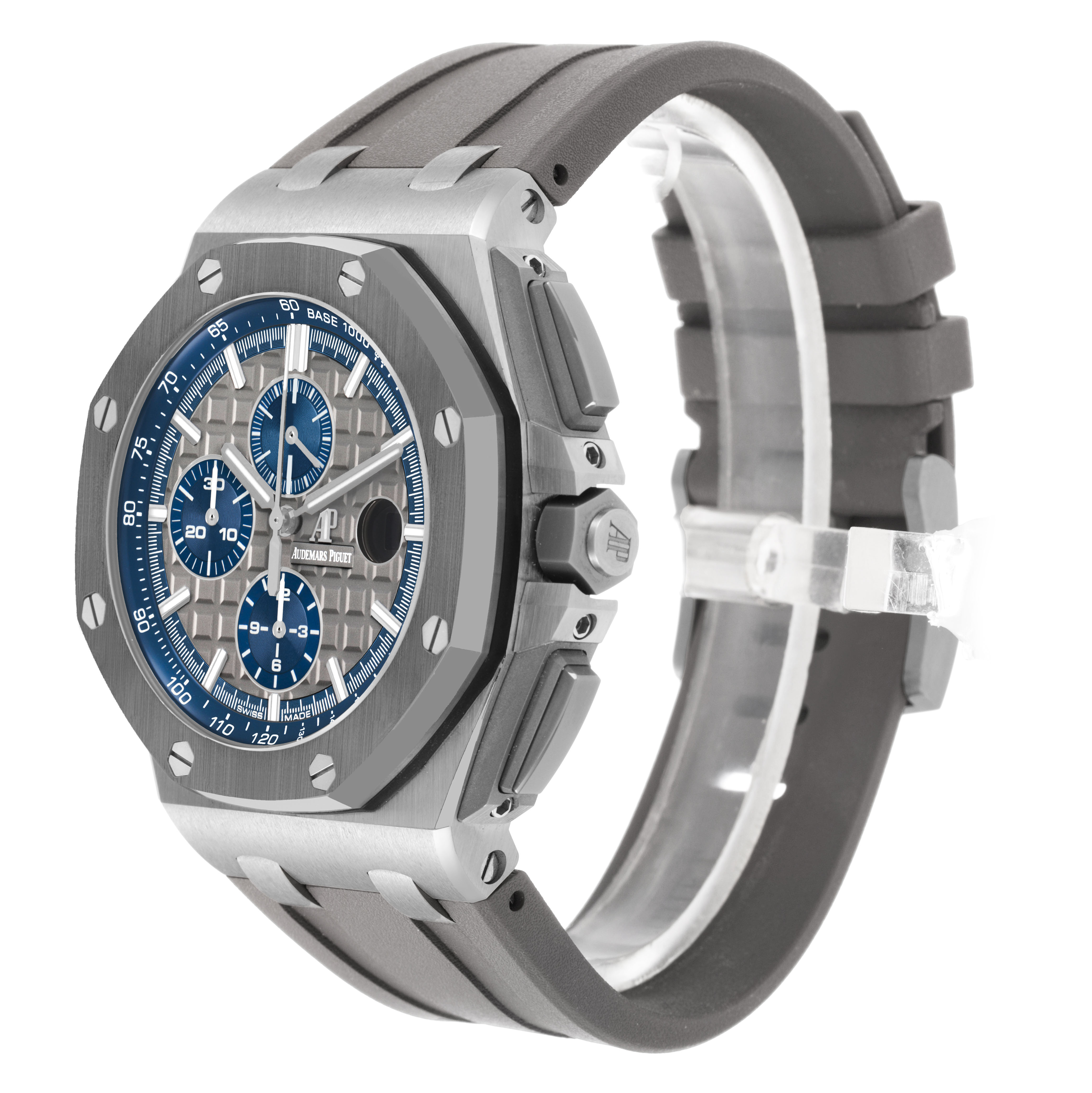 The image shows a side view of the Audemars Piguet Royal Oak Offshore 26400IO.OO.A004CA.02.A Men's Titanium Grey Dial, highlighting the bezel, dial, and rubber strap.