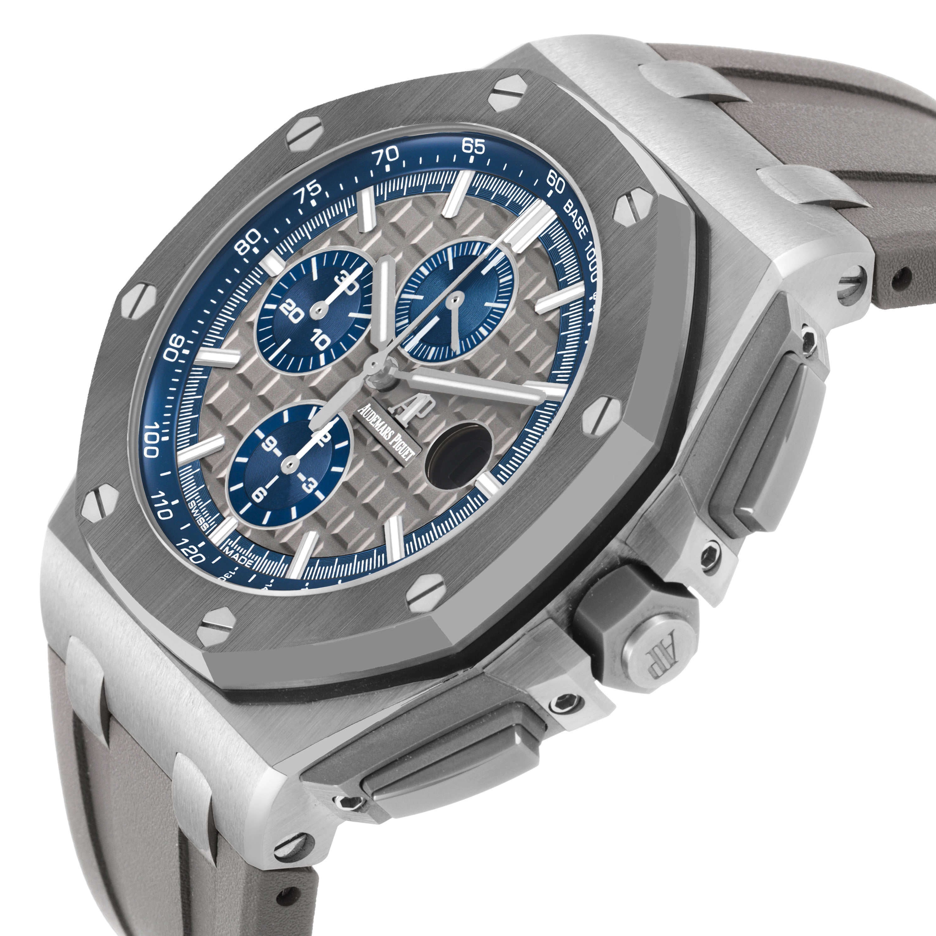 The Audemars Piguet Royal Oak Offshore 26400IO.OO.A004CA.02.A Men's Titanium Grey Dial watch is shown at a three-quarter angle, highlighting its textured dial, bezel, and pushers.