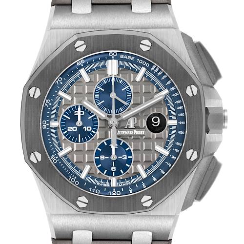 The image shows a front view of the Audemars Piguet Royal Oak Offshore 26400IO.OO.A004CA.02.A Men's Titanium Grey Dial, highlighting its octagonal bezel, subdials, and date window.