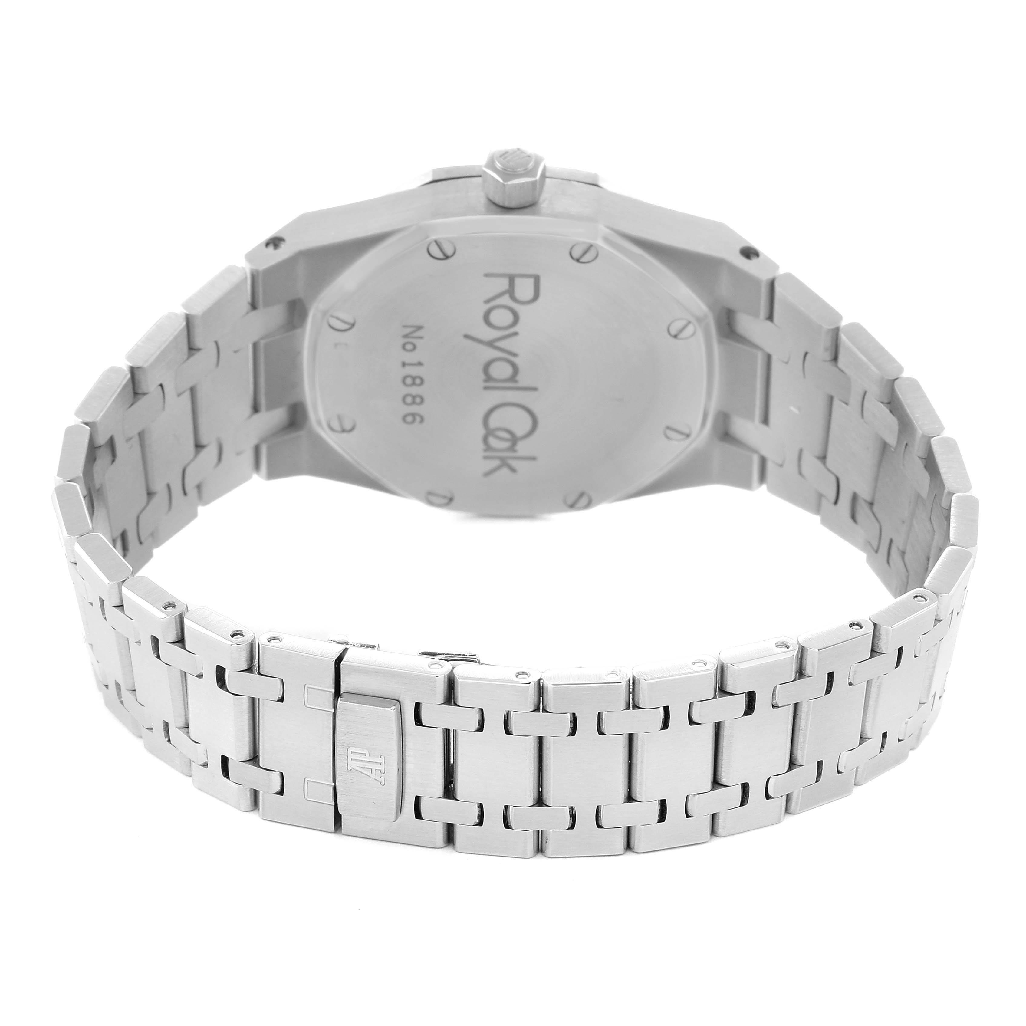 The image shows the back view of an Audemars Piguet Royal Oak 15000ST.OO.0789ST.06 Men's Stainless Steel Blue Dial watch, highlighting the case back, bracelet, and clasp.