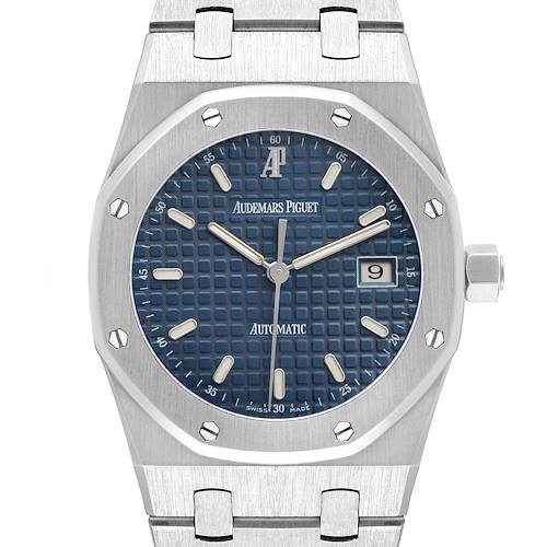 The image shows a frontal view of the Audemars Piguet Royal Oak 15000ST.OO.0789ST.06 Men's Stainless Steel Blue Dial watch, highlighting its octagonal bezel, blue dial, and steel bracelet.