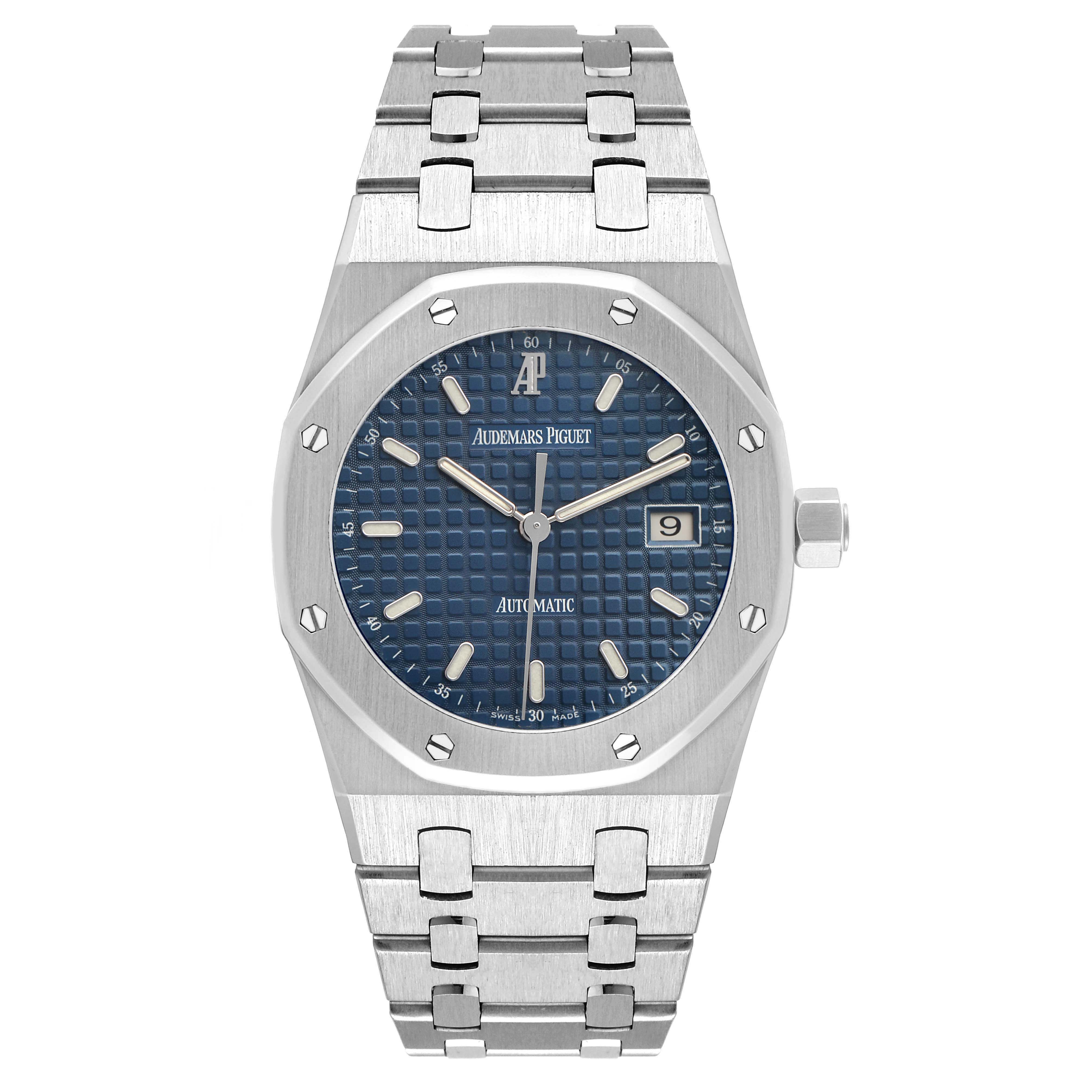The Audemars Piguet Royal Oak 15000ST.OO.0789ST.06 Men's Stainless Steel Blue Dial watch is shown from the front, displaying its face, bezel, and bracelet.