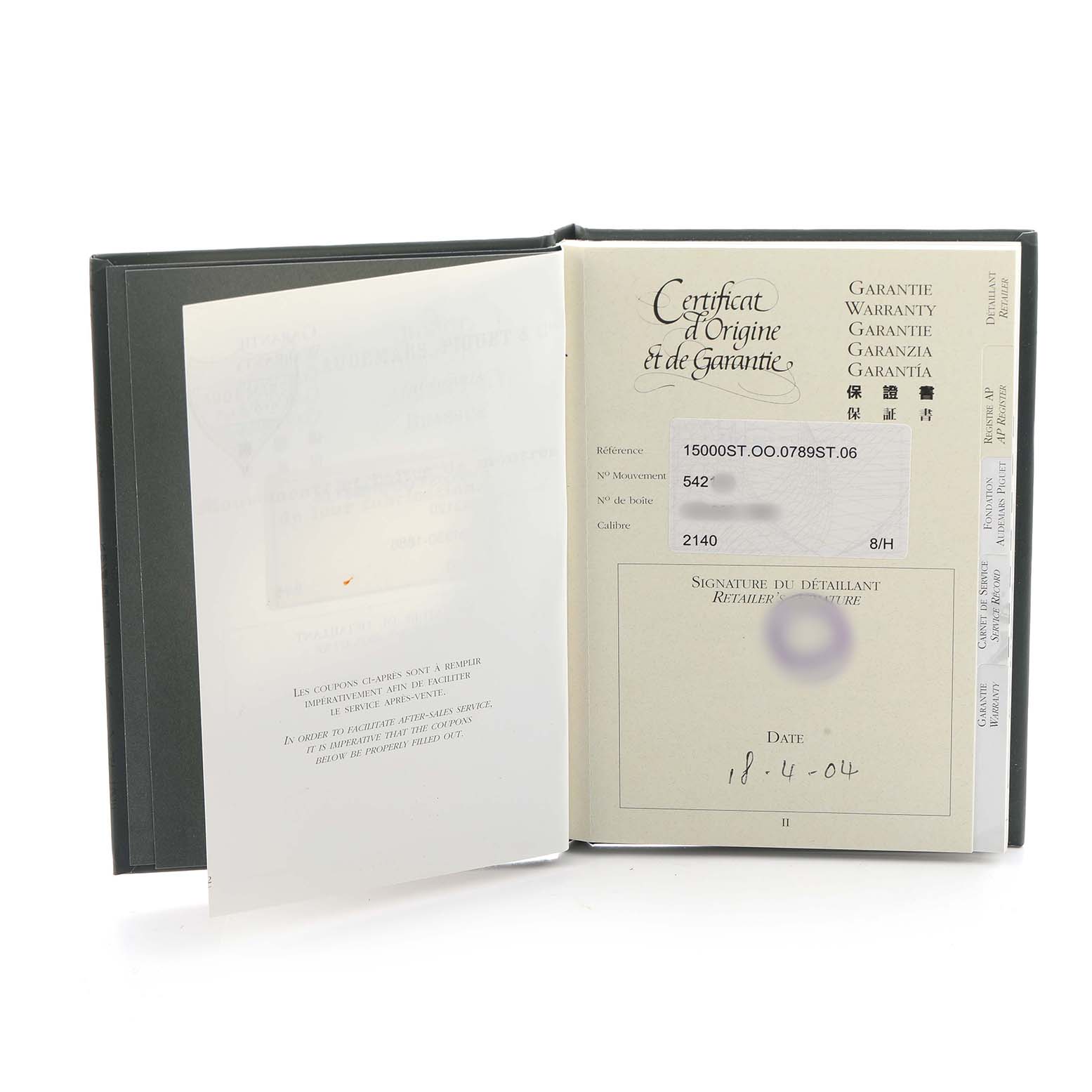 The image shows the warranty and certificate booklet for an Audemars Piguet Royal Oak 15000ST.OO.0789ST.06 Men's Stainless Steel Blue Dial watch.