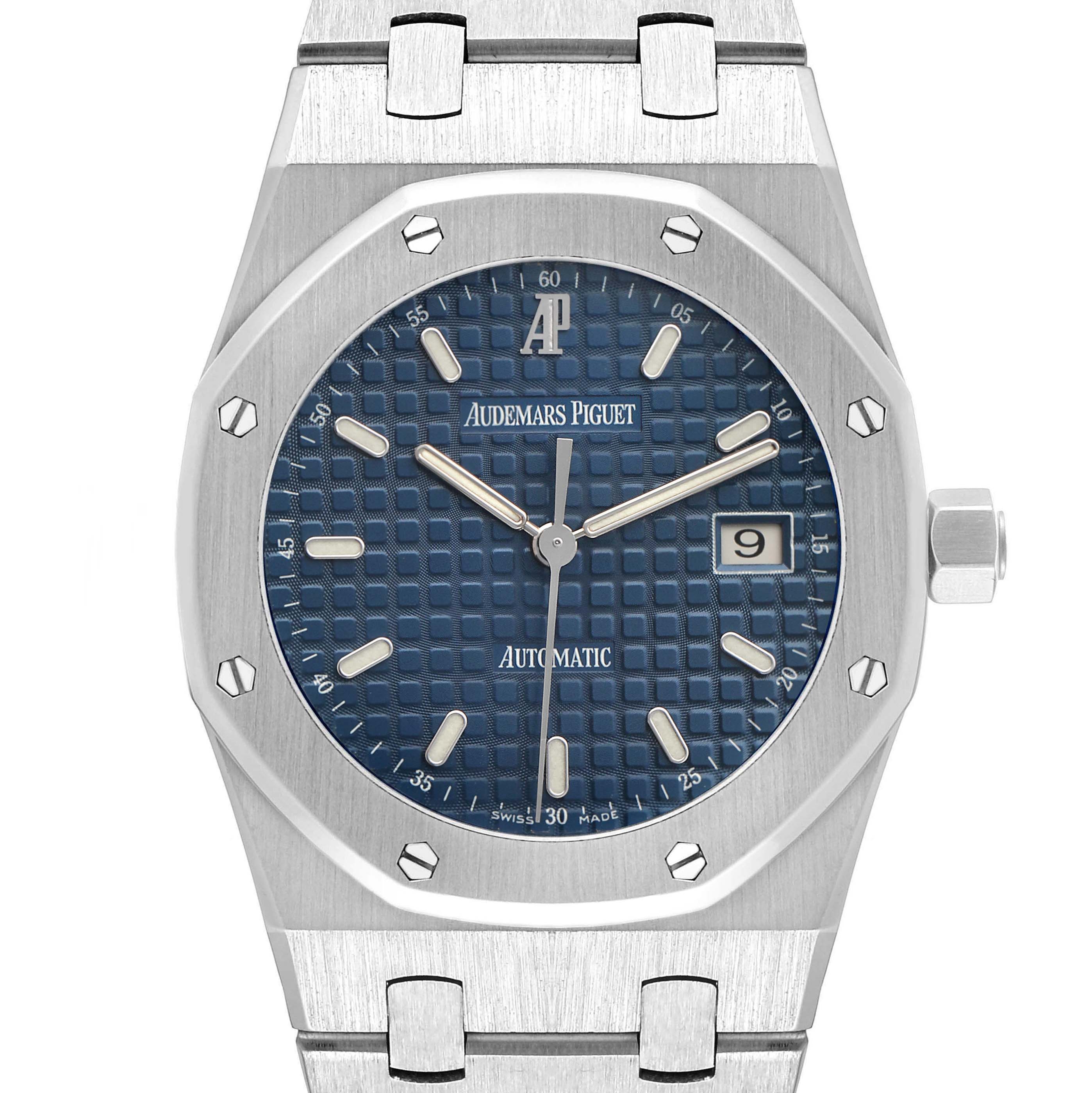 The image shows a frontal view of the Audemars Piguet Royal Oak 15000ST.OO.0789ST.06 Men's Stainless Steel Blue Dial, highlighting the blue dial, octagonal bezel, and crown.