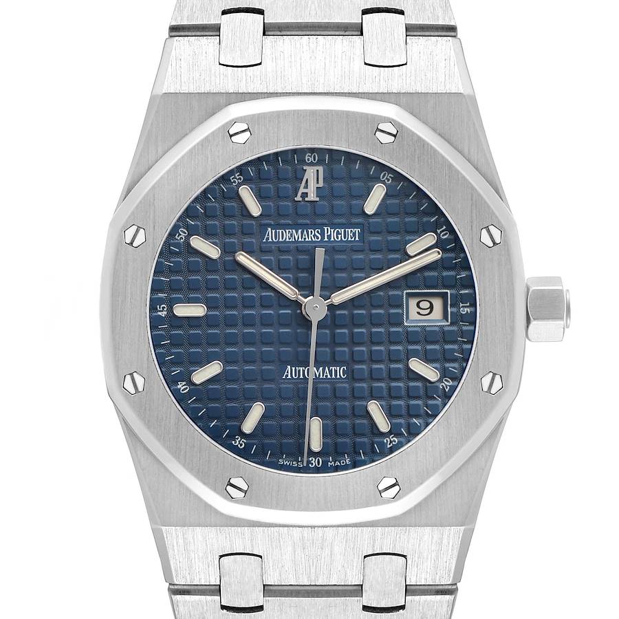 The image shows a frontal view of the Audemars Piguet Royal Oak 15000ST.OO.0789ST.06 Men's Stainless Steel Blue Dial, highlighting the blue dial, octagonal bezel, and crown.