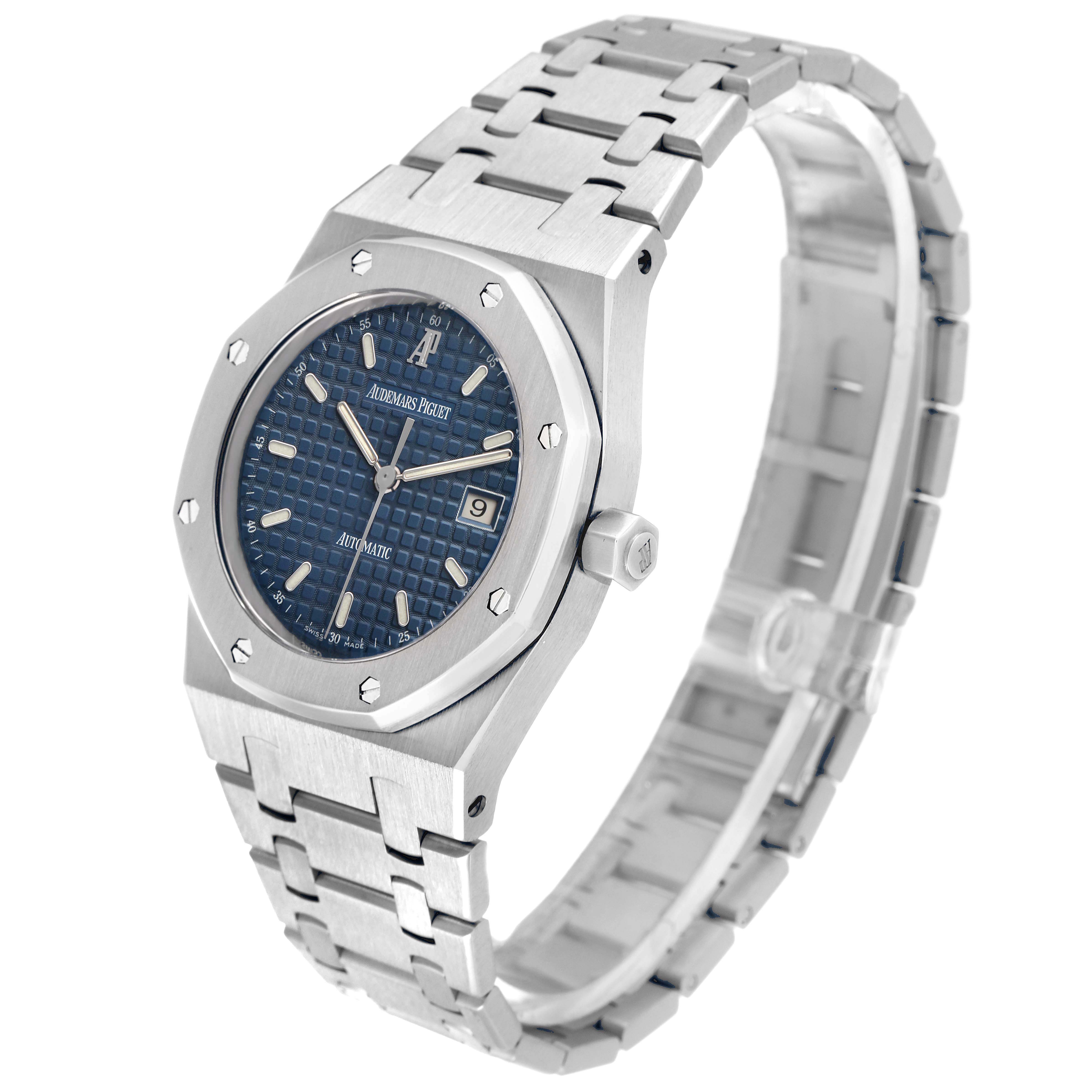 The image shows the Audemars Piguet Royal Oak 15000ST.OO.0789ST.06 Men's Stainless Steel Blue Dial watch from a front-side angle, highlighting the face, bezel, crown, and bracelet.