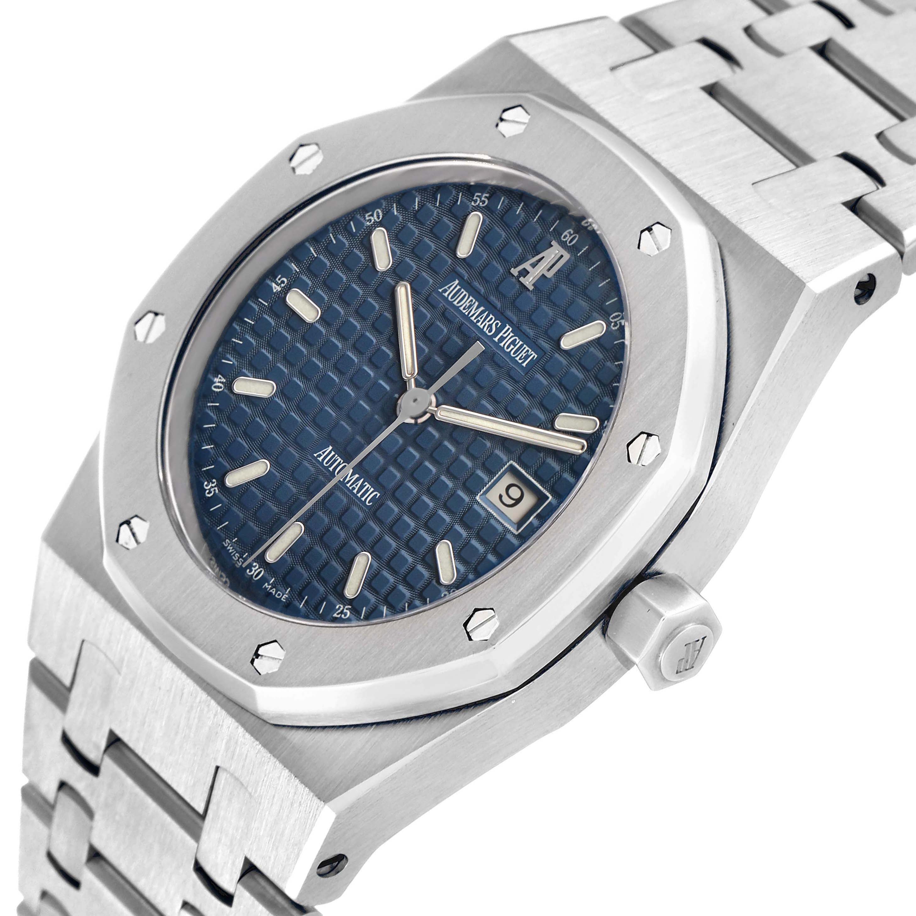 The image shows the Audemars Piguet Royal Oak 15000ST.OO.0789ST.06 Men's Stainless Steel Blue Dial watch angled to display the dial, bezel, crown, and bracelet.