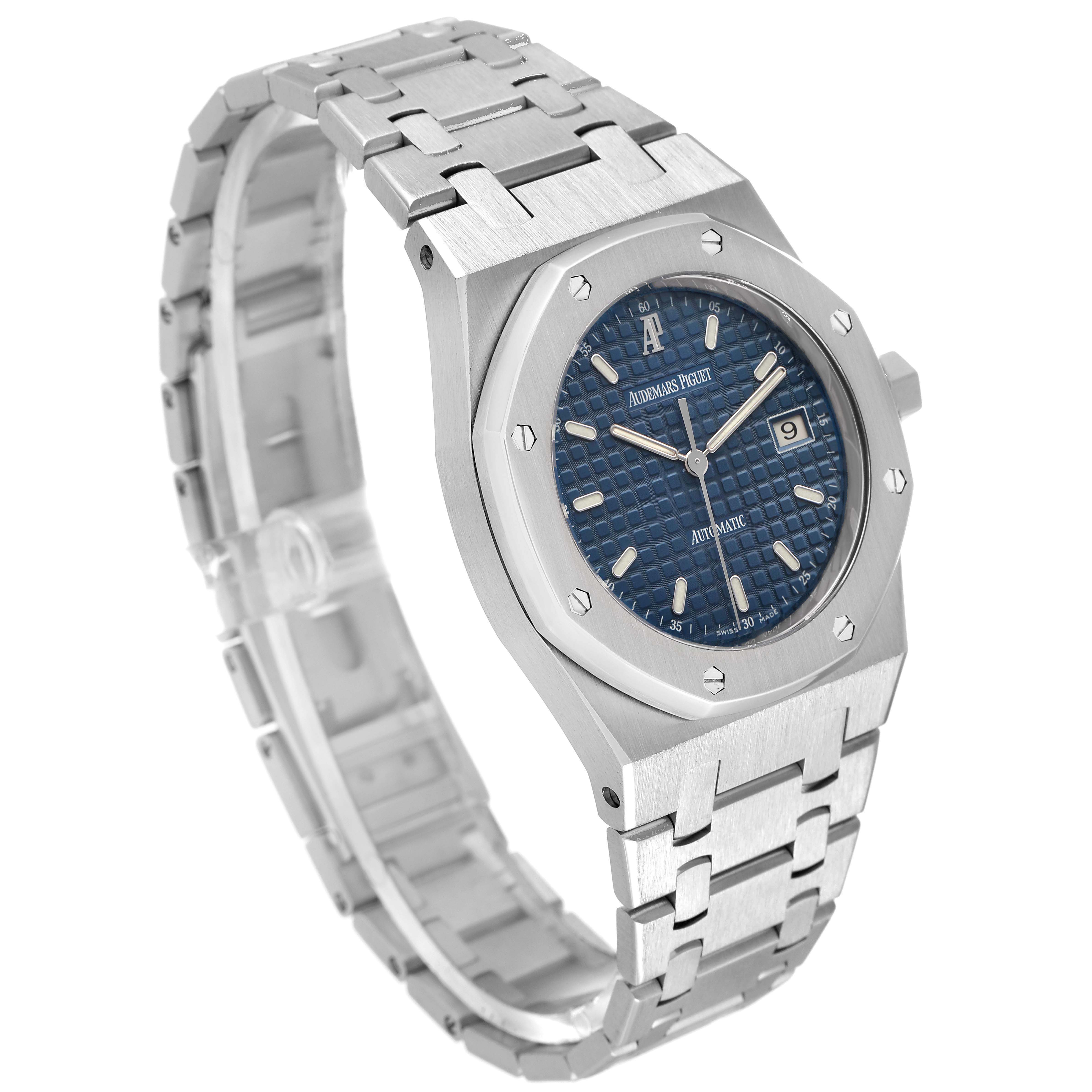 The Audemars Piguet Royal Oak 15000ST.OO.0789ST.06 Men's Stainless Steel Blue Dial watch is shown at a three-quarter angle, displaying the blue dial, octagonal bezel, and stainless steel bracelet.
