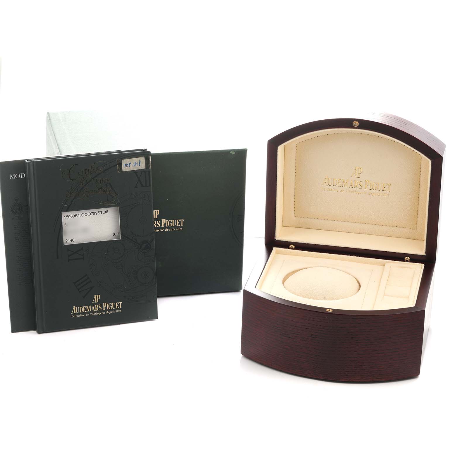 The image shows a Royal Oak Audemars Piguet watch box, manuals, and outer packaging from a front angle.