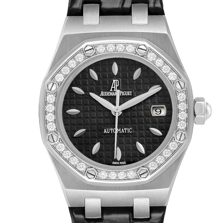 The Audemars Piguet Royal Oak 77321ST Women's Stainless Steel Black Dial watch is shown from a front angle, highlighting its octagonal bezel with diamonds, black dial, and leather strap.