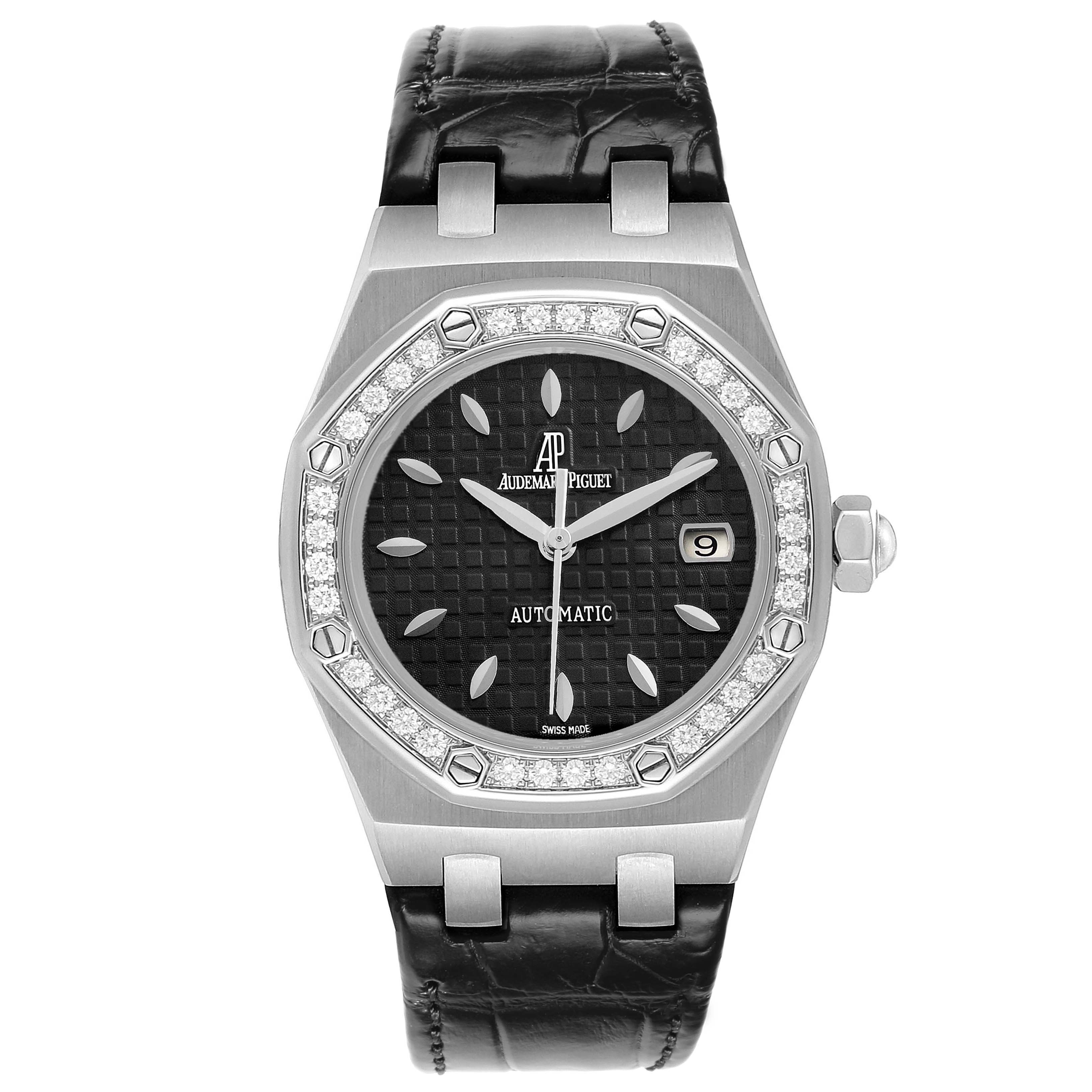 The Audemars Piguet Royal Oak 77321ST Women's Stainless Steel Black Dial watch is shown from the front, highlighting the face, bezel, crown, and strap.