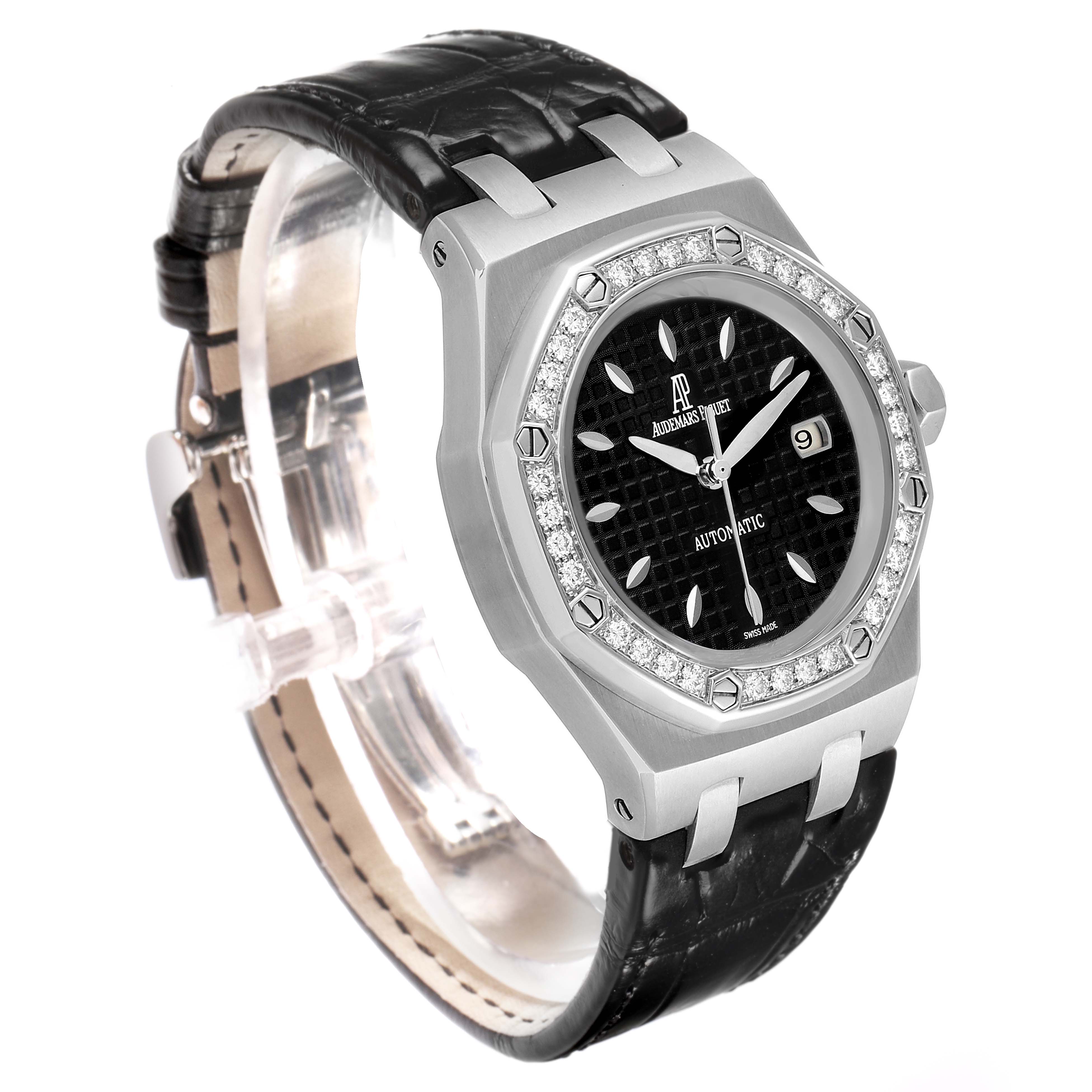 The Audemars Piguet Royal Oak 77321ST Women's Stainless Steel Black Dial is shown at a three-quarter angle, displaying the bezel, dial, and leather strap.