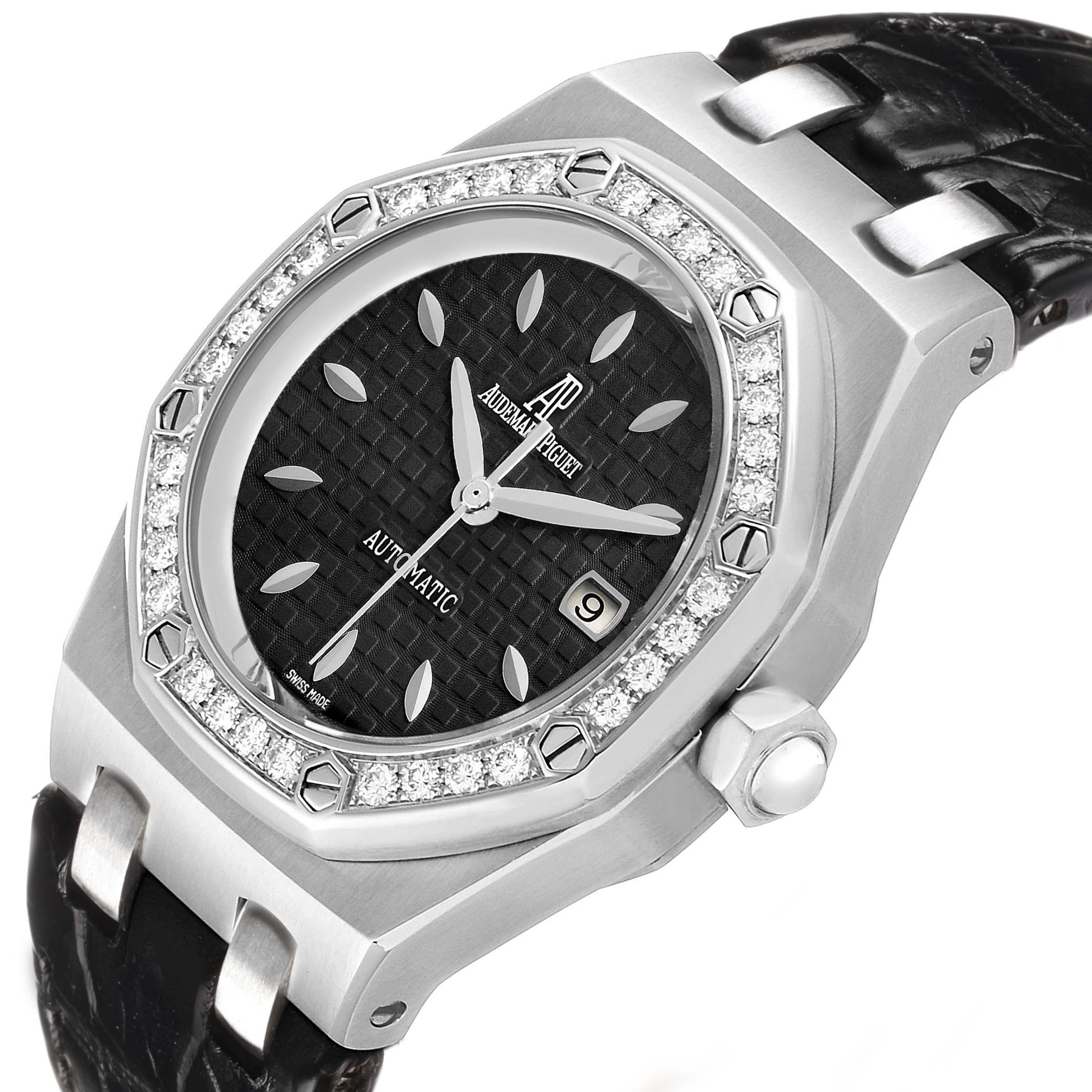 The image shows an angled view of the Audemars Piguet Royal Oak 77321ST Women's Stainless Steel Black Dial watch, highlighting the bezel, dial, and crown.