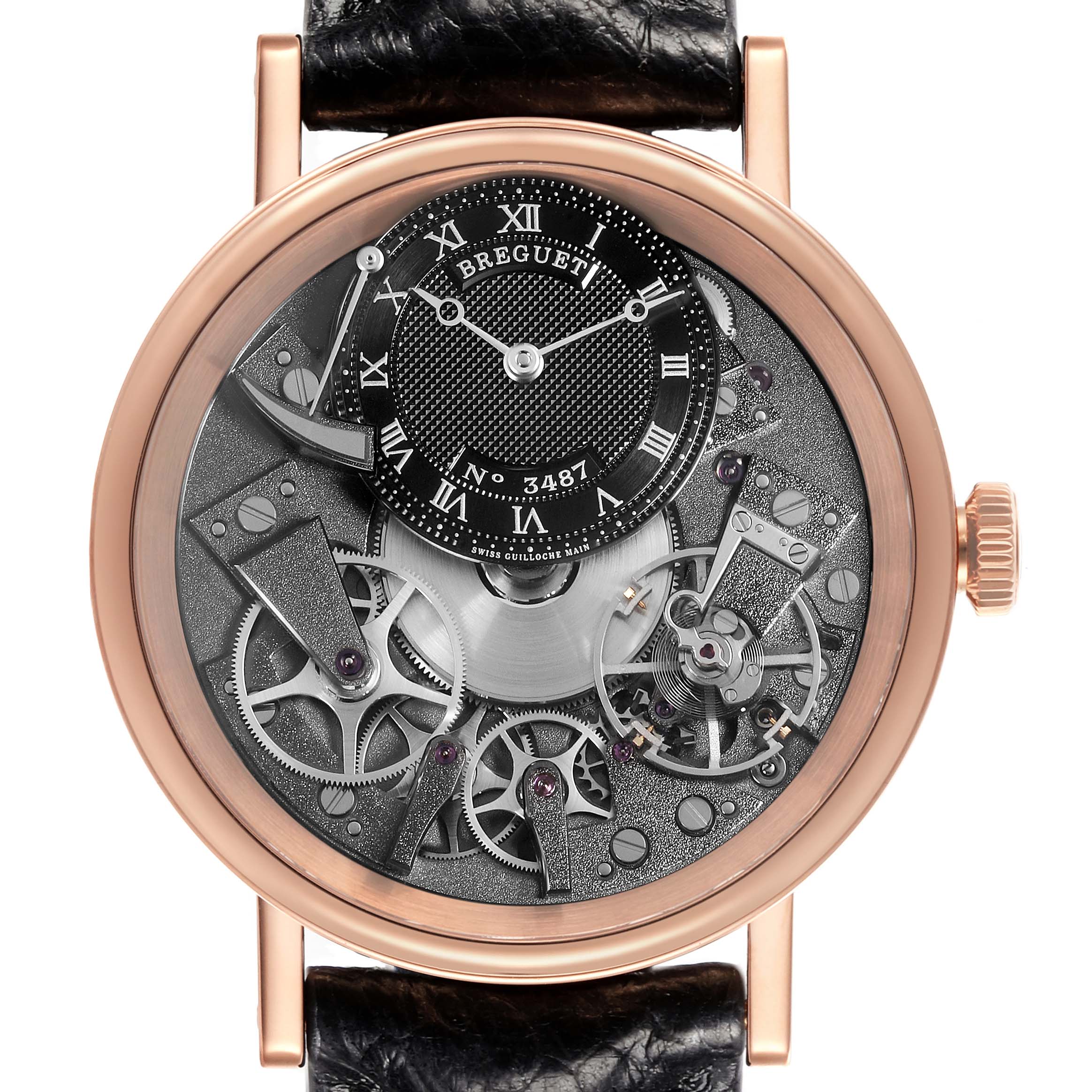 The Breguet Tradition 7057BR/G9/9W6 Men's Rose Gold Silver Dial 7057BR/G9/9W6 Men's Rose Gold Silver Dial model watch is shown from the front, highlighting its intricate gears and rose gold case.