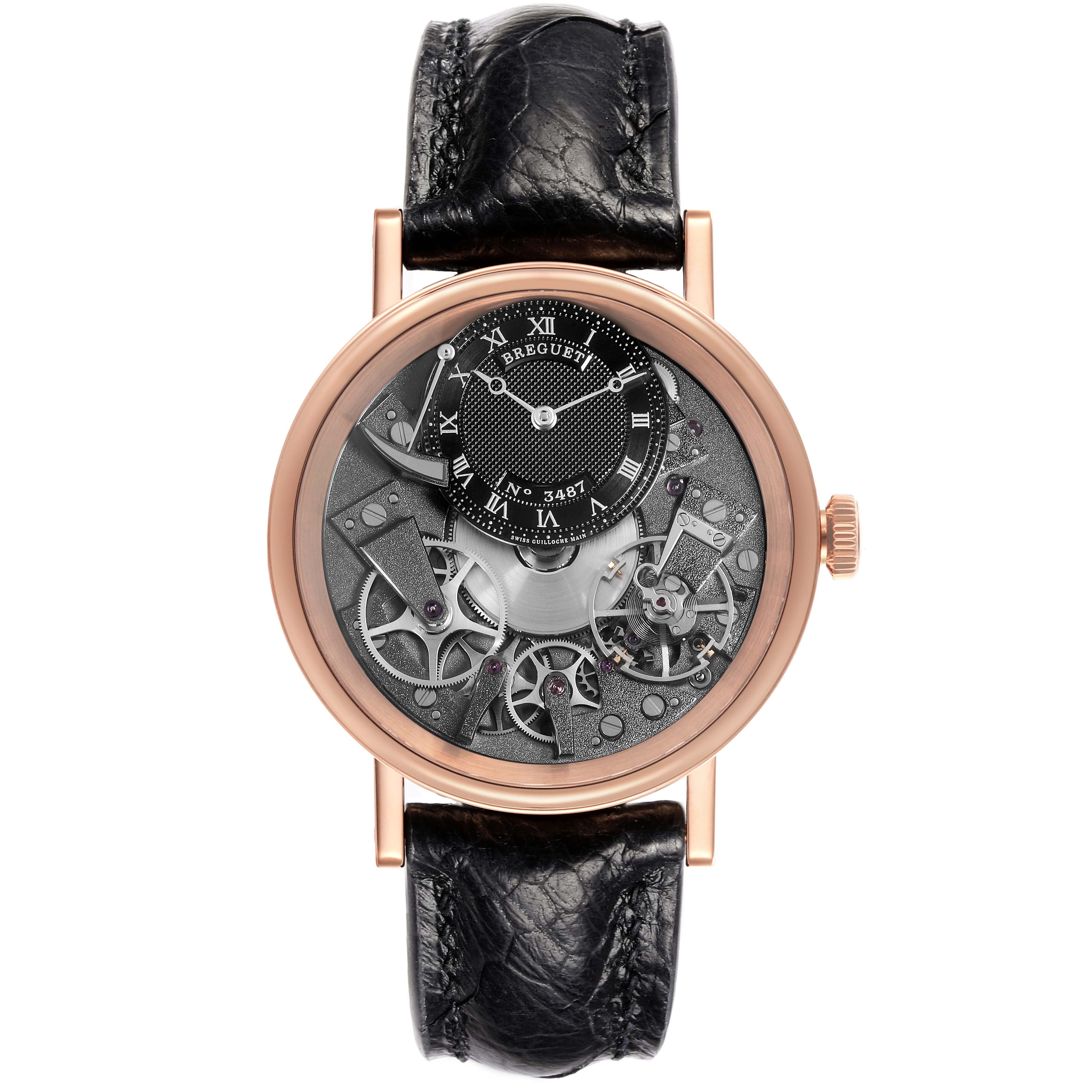 The Breguet Tradition 7057BR/G9/9W6 Men's Rose Gold Silver Dial 7057BR/G9/9W6 Men's Rose Gold Silver Dial model watch is shown from a front angle, highlighting its intricate dial and black leather strap.