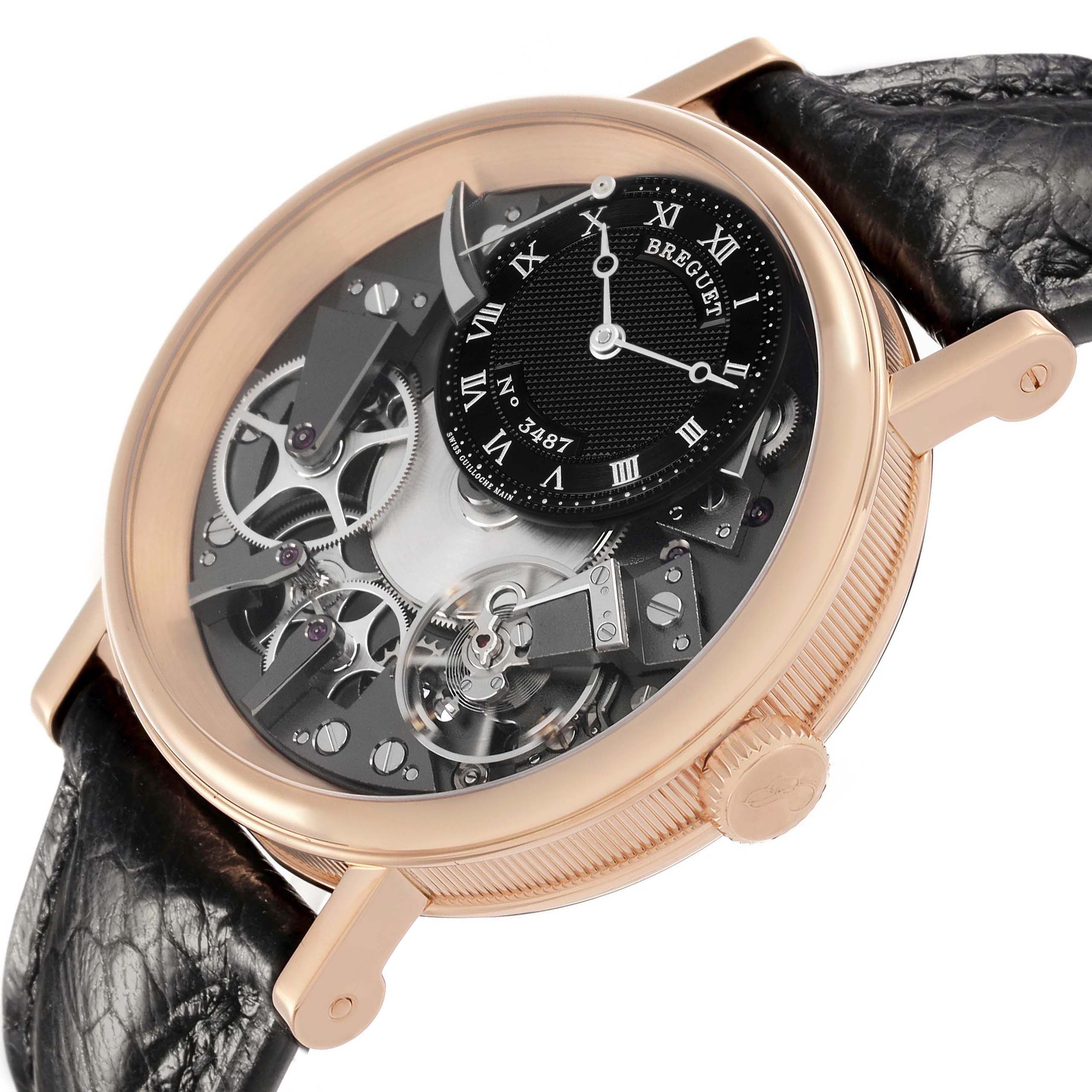 The Breguet Tradition 7057BR/G9/9W6 Men's Rose Gold Silver Dial watch is shown at a slight angle, highlighting the intricate openwork movement and black leather strap.