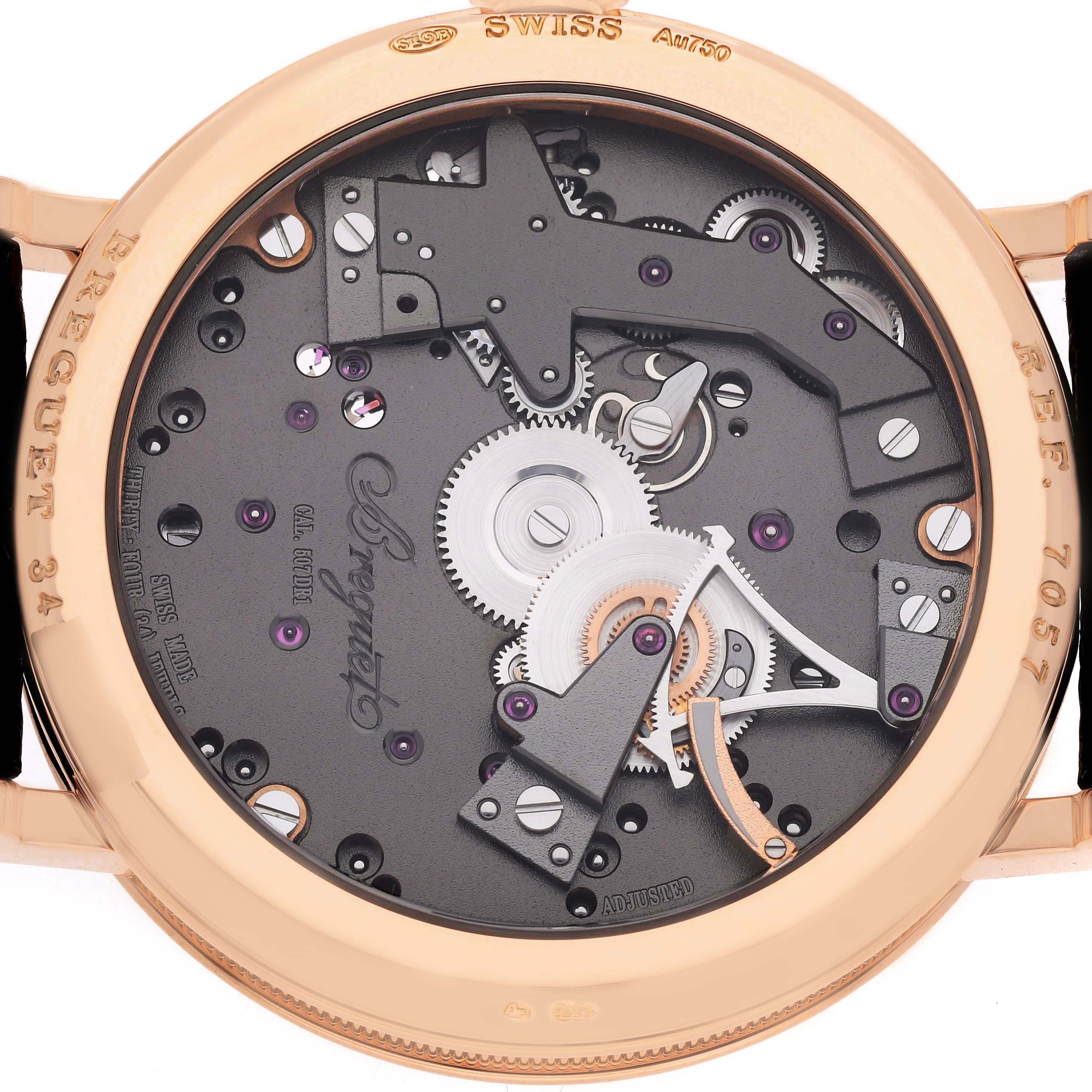 The image shows the case back of a Breguet Tradition 7057BR/G9/9W6 Men's Rose Gold Silver Dial watch, revealing its intricate movement and gears.